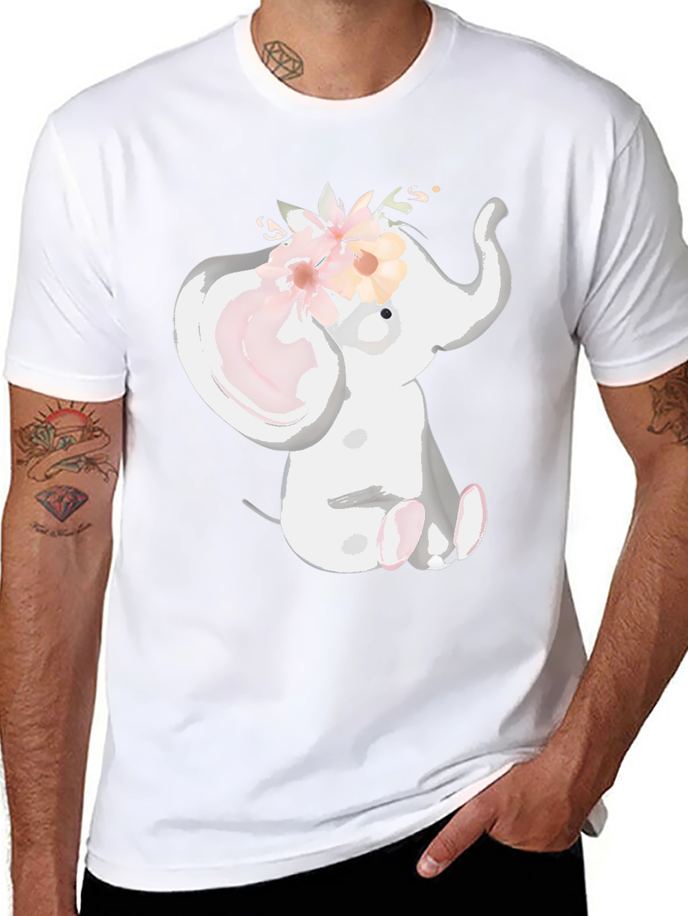 Cute Elephant Floral Crown Black T-Shirt