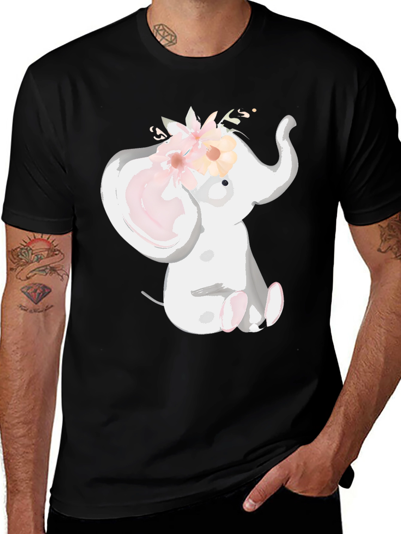 Cute Elephant Floral Crown Black T-Shirt