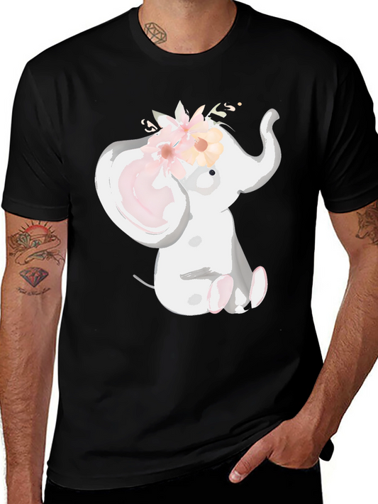 Cute Elephant Floral Crown Black T-Shirt