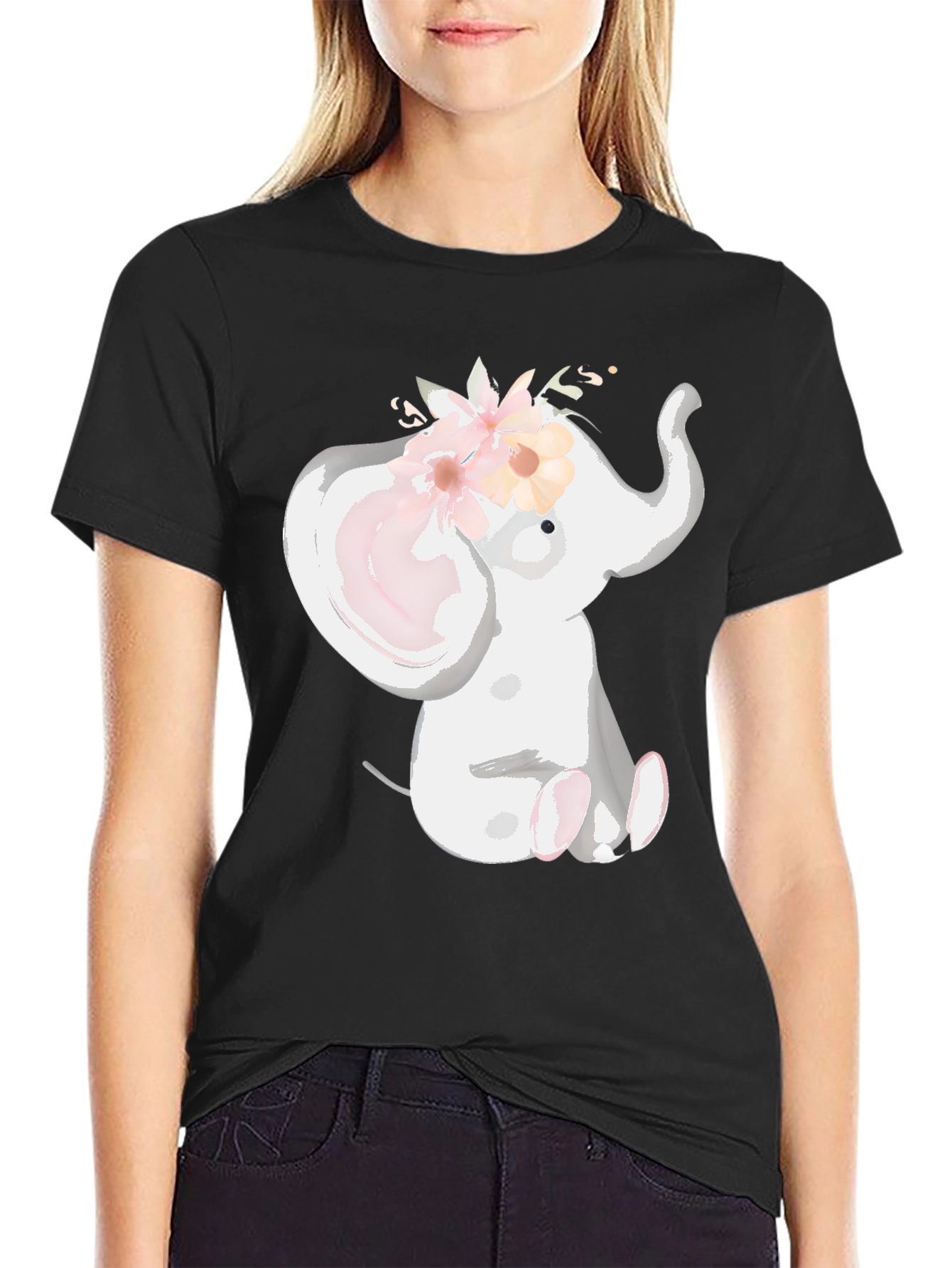 Cute Elephant Floral Crown Black T-Shirt