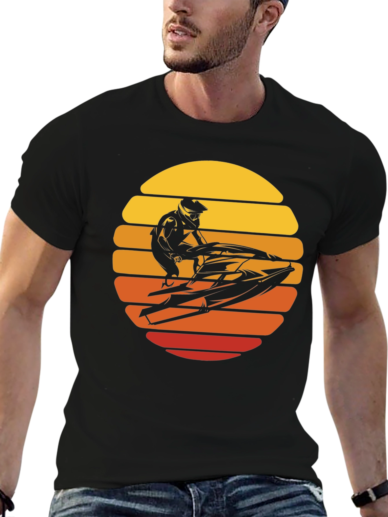 Jet Ski Sunset Graphic Tee - Black Cotton T-Shirt