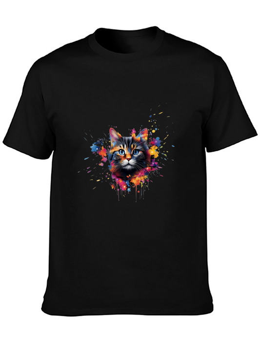 Colorful Cat Graphic Print Black T-Shirt