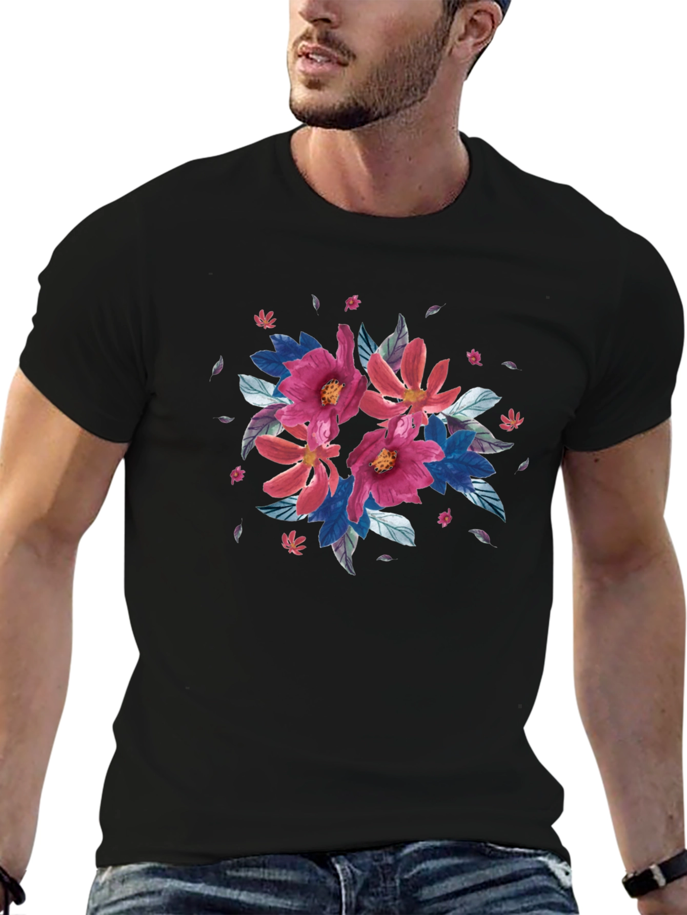 Floral Print Black T-Shirt - Casual Style