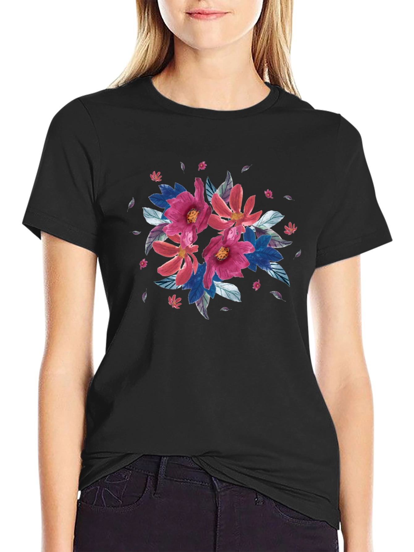 Floral Print Black T-Shirt - Casual Style