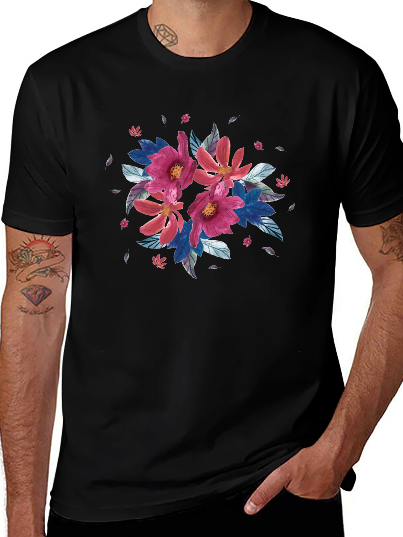 Floral Print Black T-Shirt - Casual Style