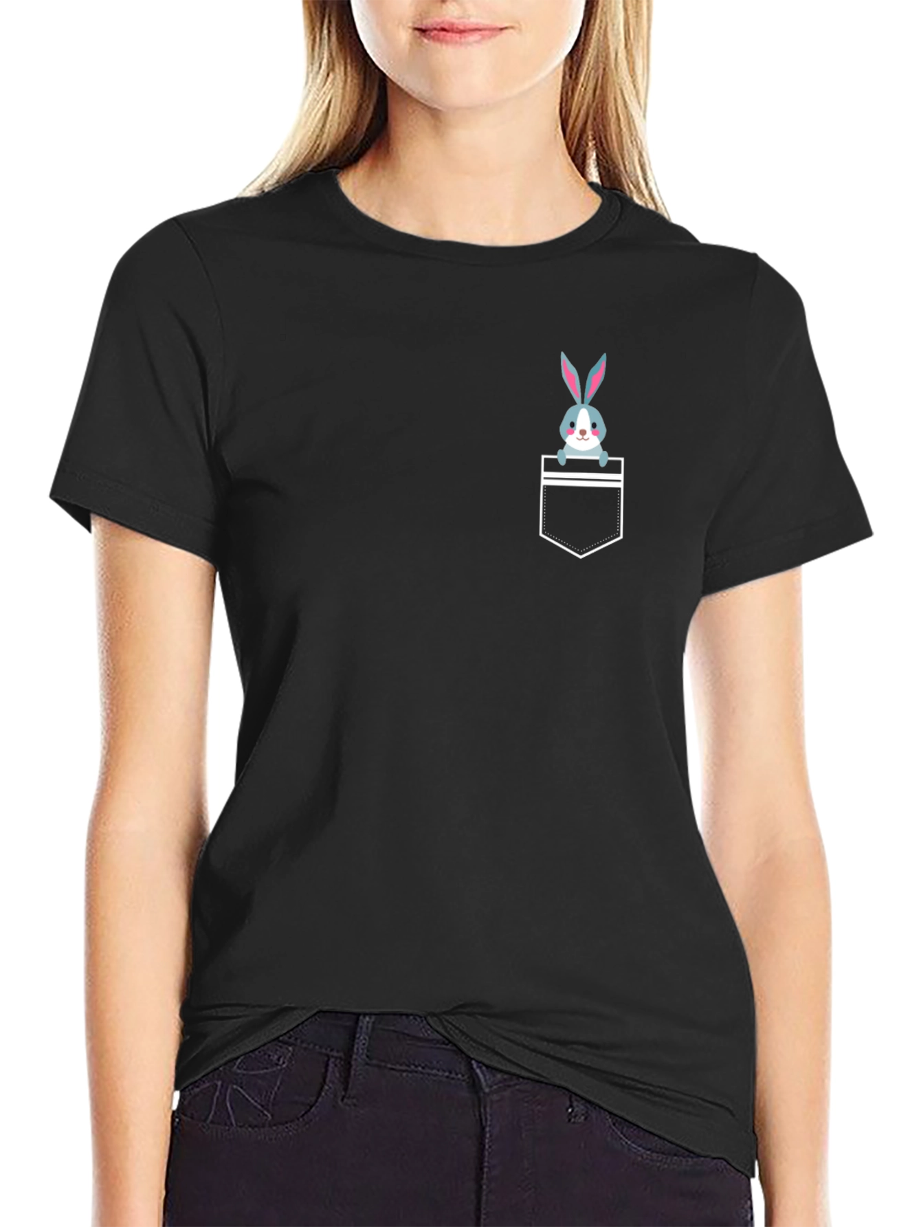Cute Rabbit Pocket T-Shirt - Black