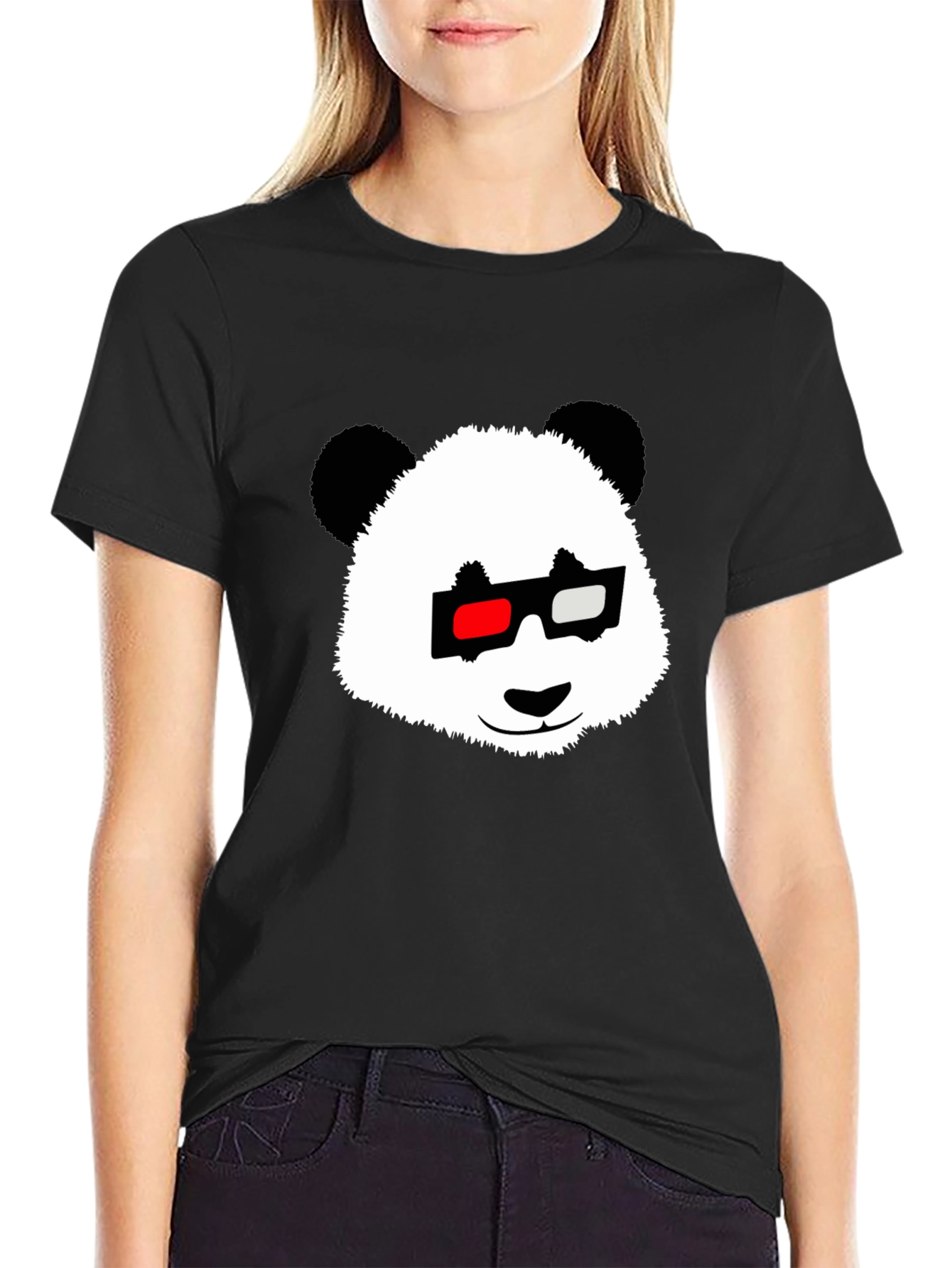 Panda with 3D Glasses Black T-Shirt