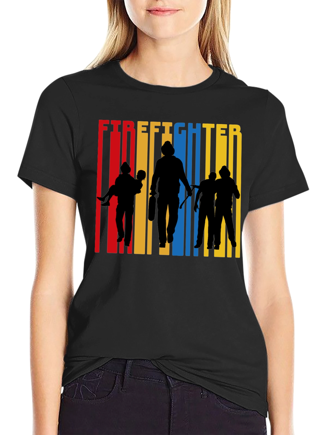 Firefighter Silhouette Graphic Tee - Crew Neck Cotton T-Shirt