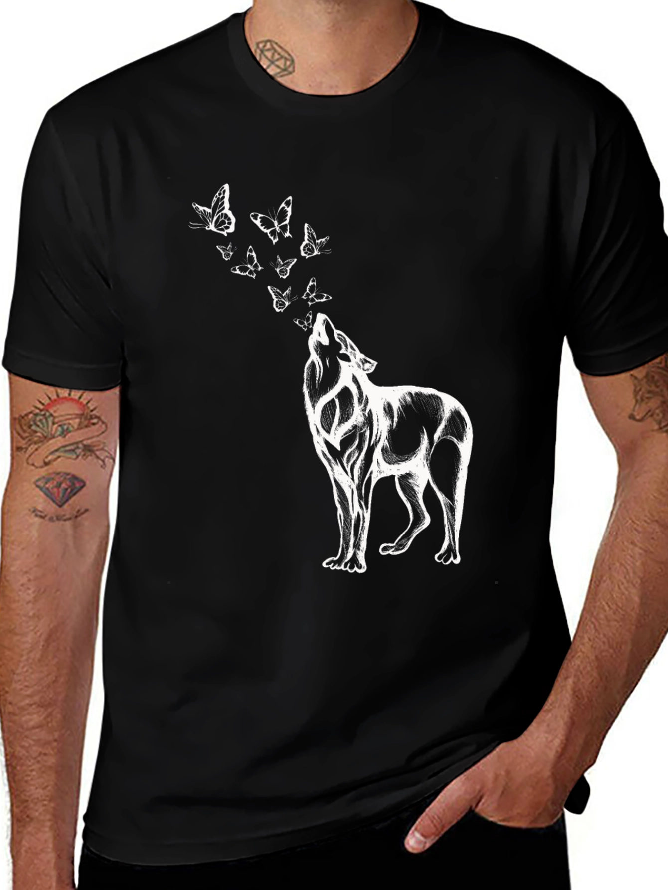 Wolf & Butterfly Graphic T-Shirt - Black