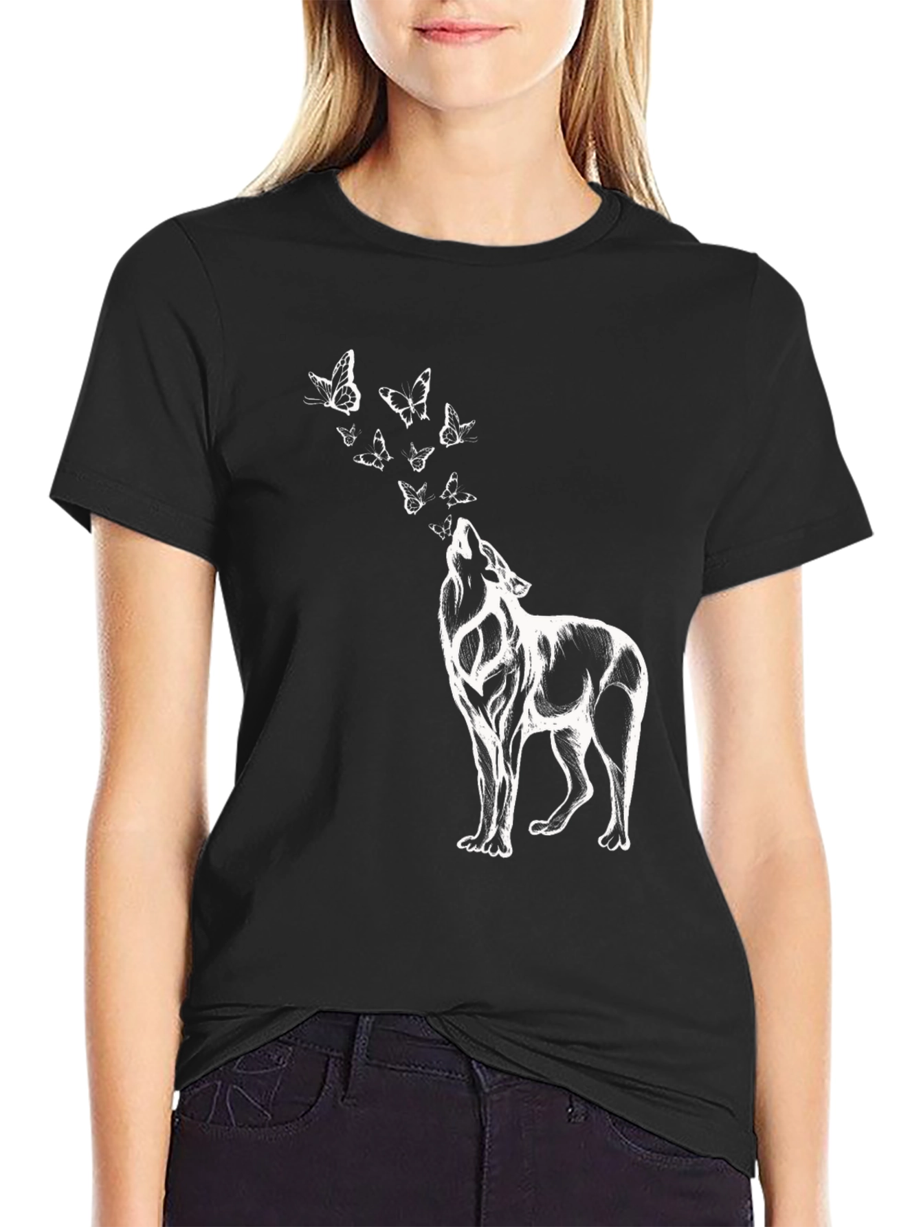 Wolf & Butterfly Graphic T-Shirt - Black