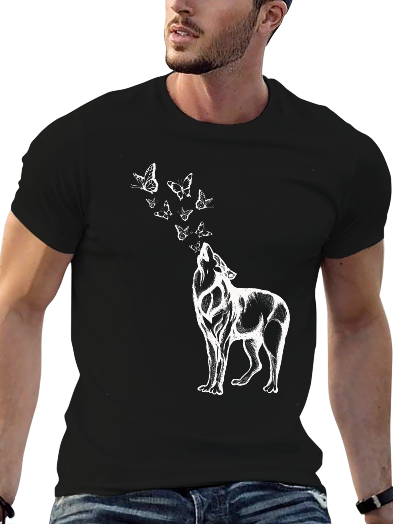 Wolf & Butterfly Graphic T-Shirt - Black