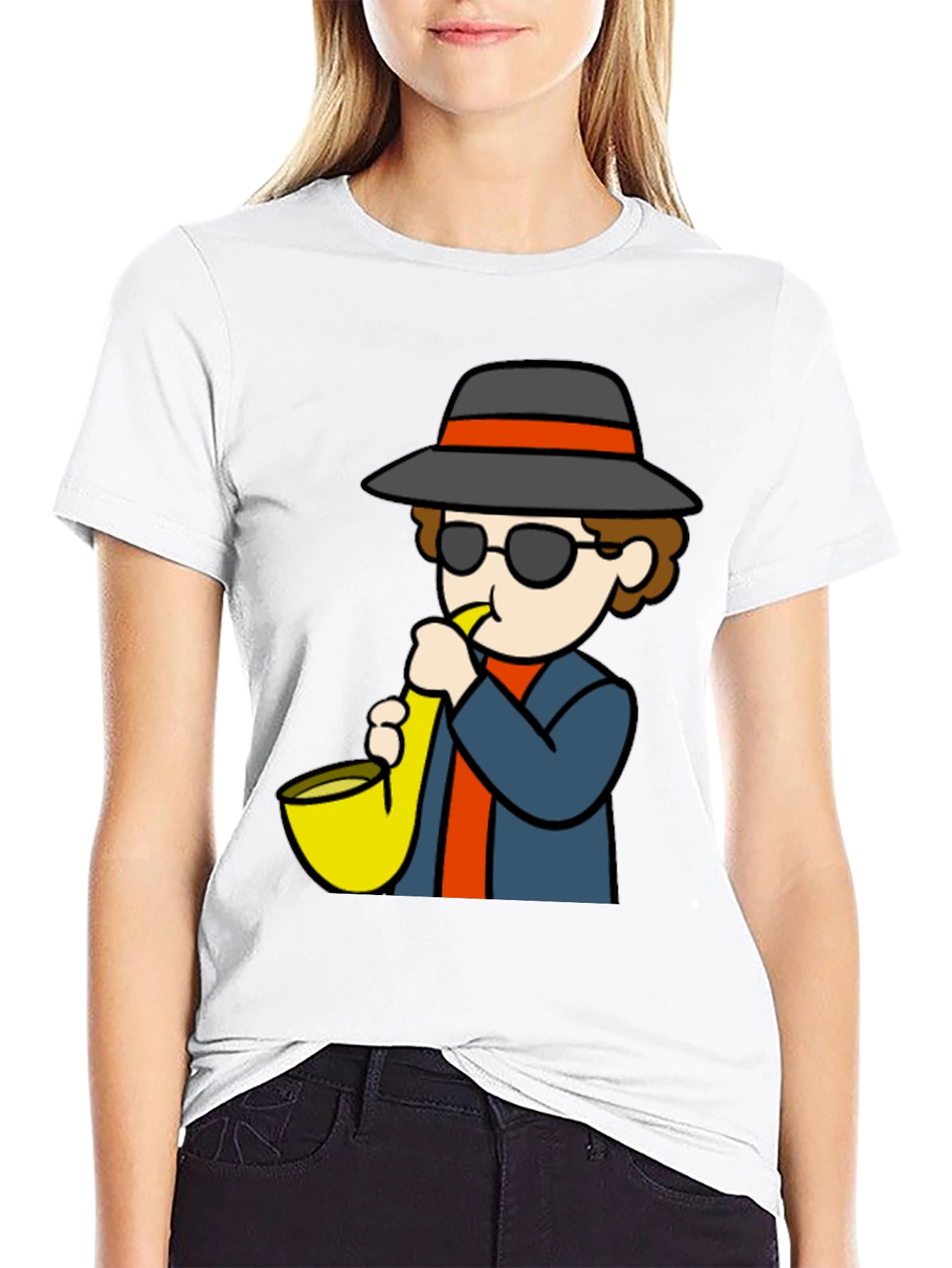 Saxophone Player Cartoon Black T-Shirt