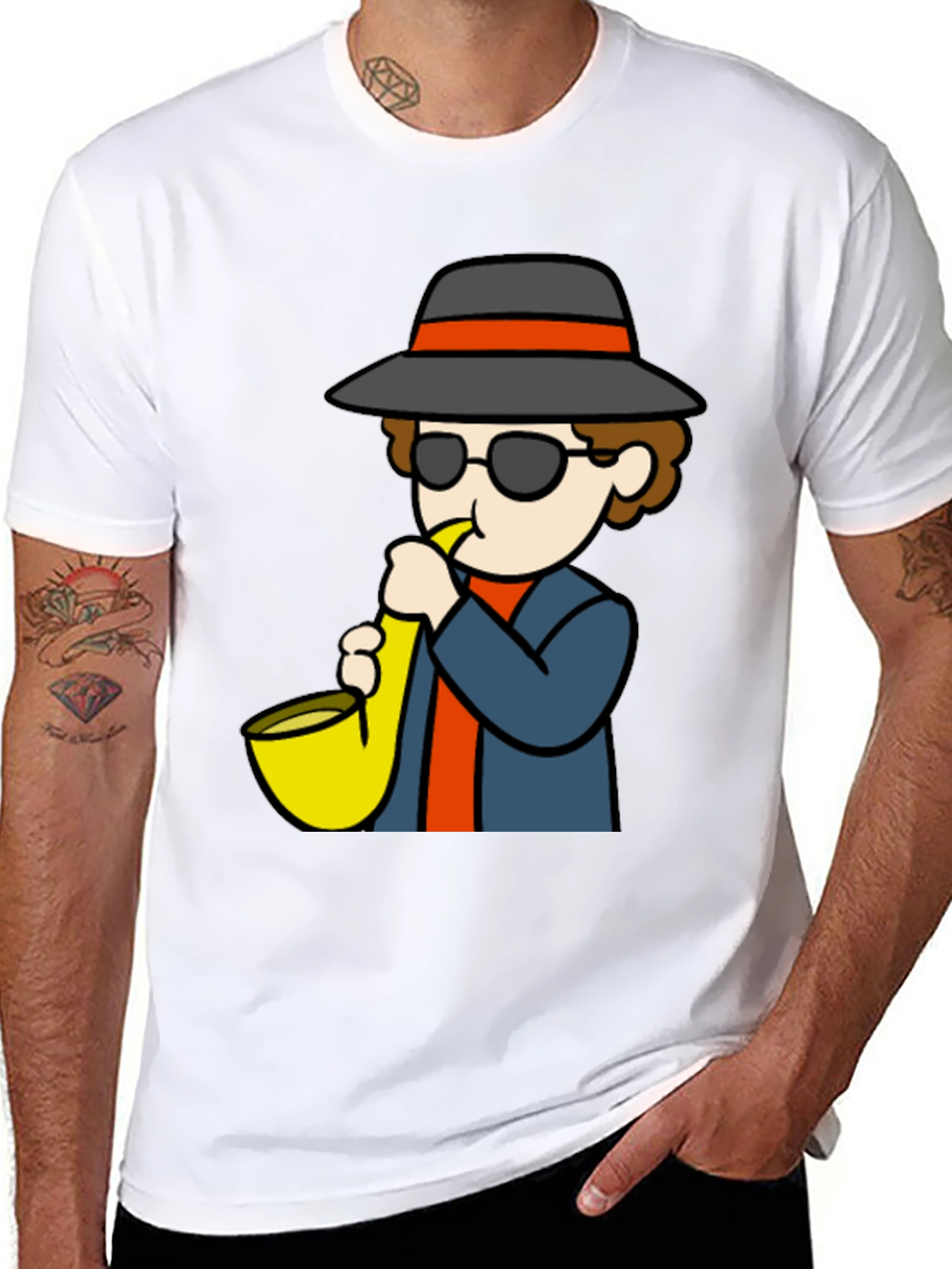 Saxophone Player Cartoon Black T-Shirt