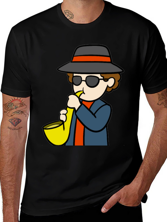 Saxophone Player Cartoon Black T-Shirt