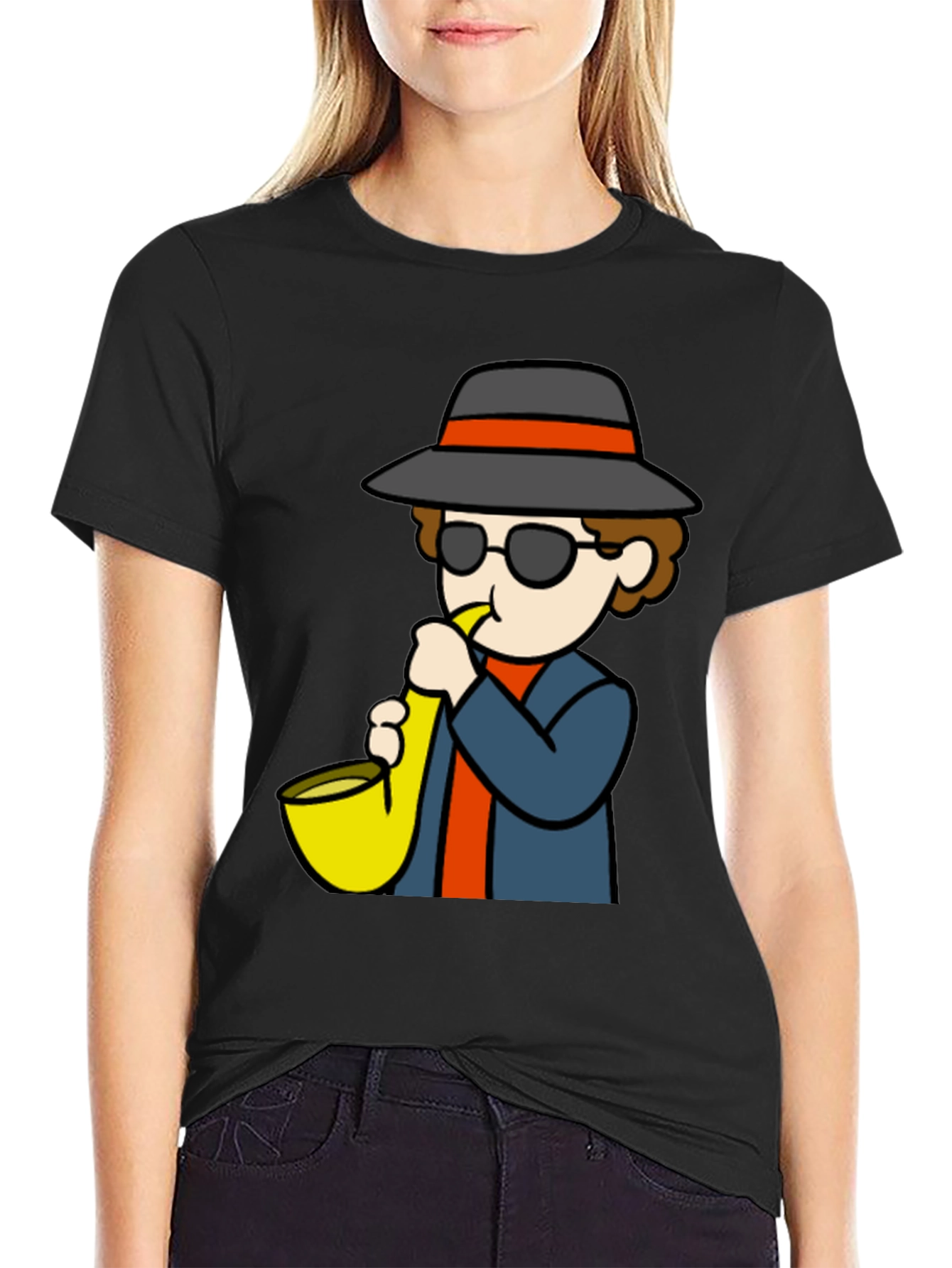 Saxophone Player Cartoon Black T-Shirt