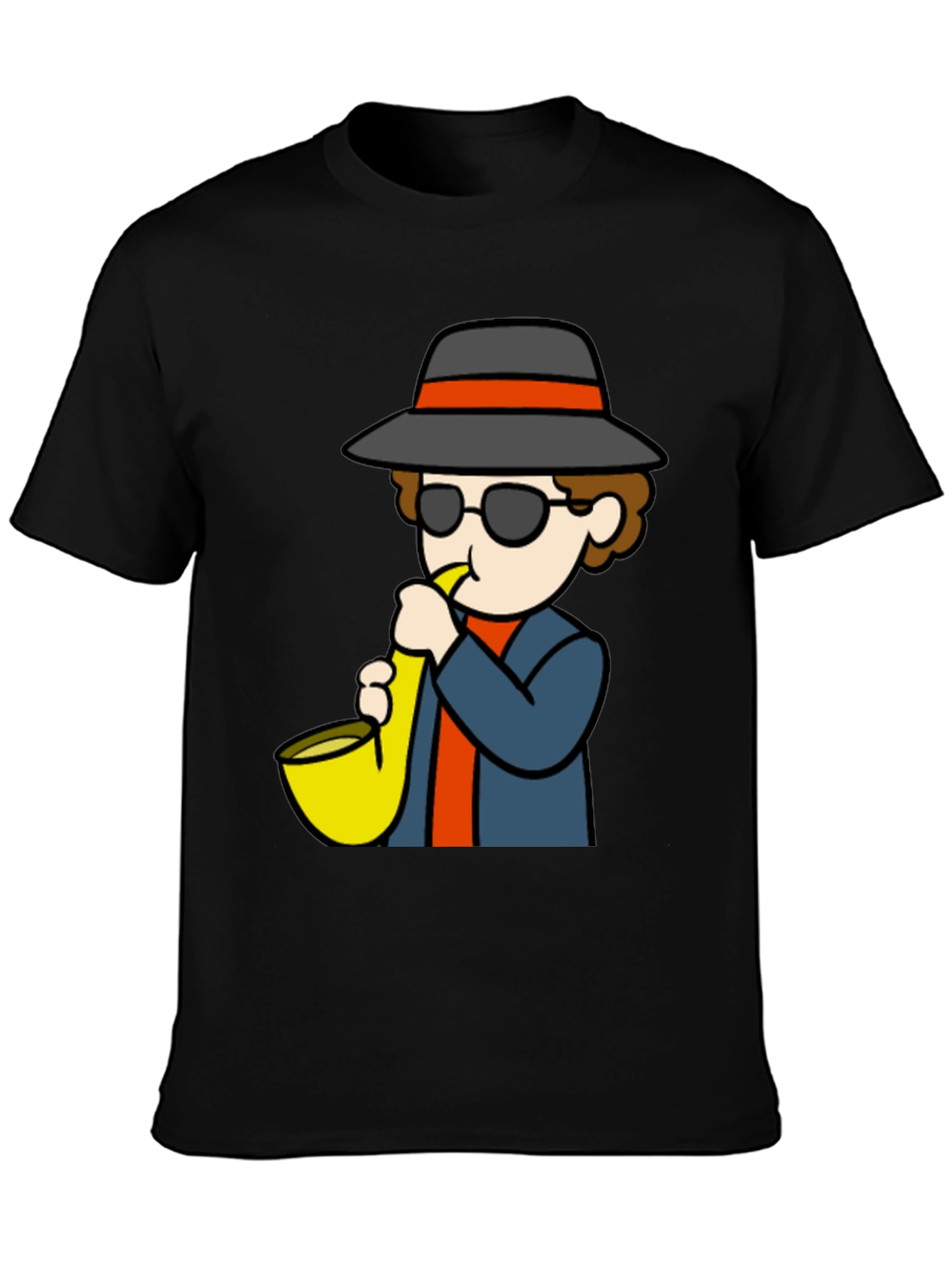 Saxophone Player Cartoon Black T-Shirt