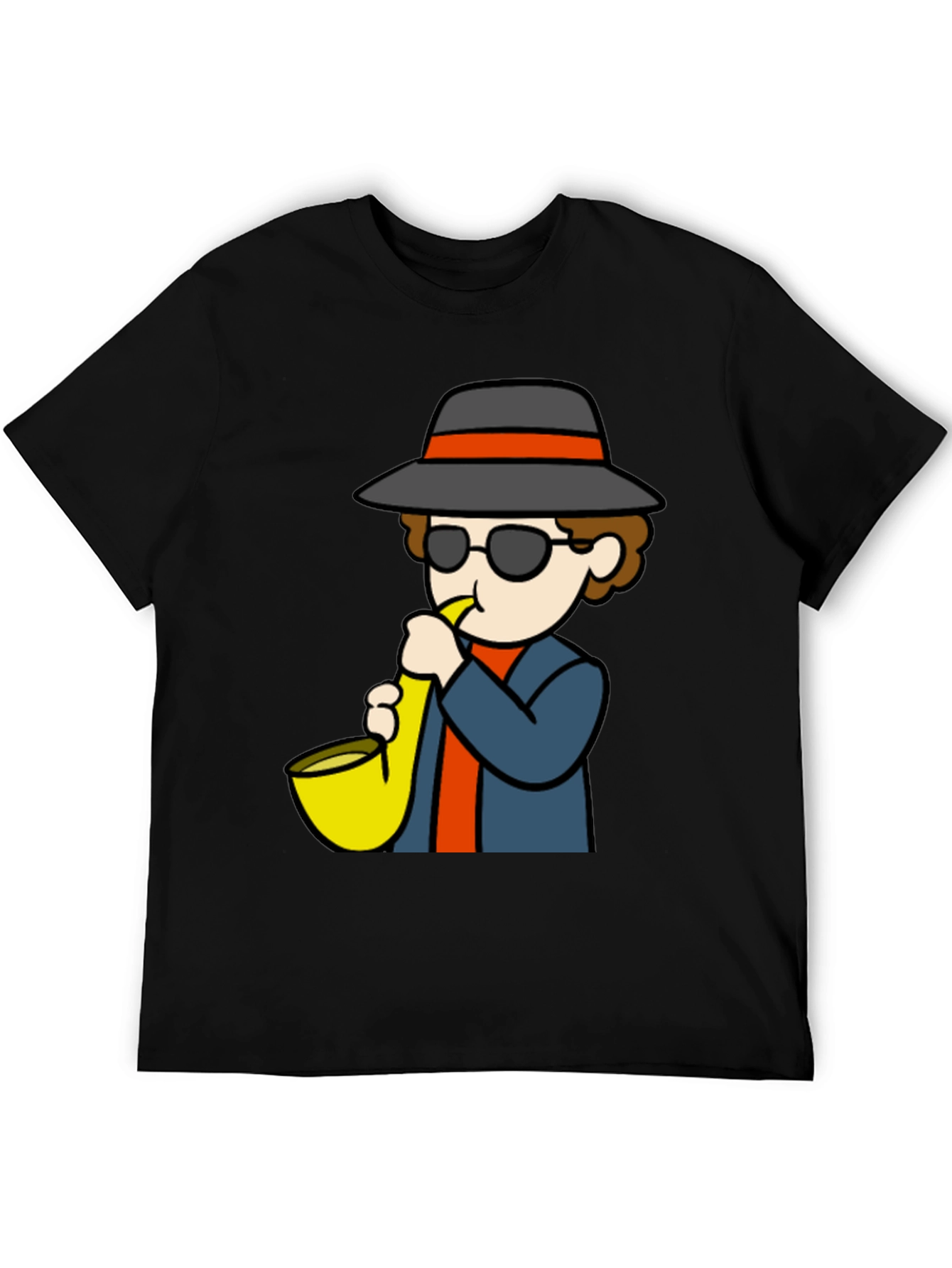 Saxophone Player Cartoon Black T-Shirt