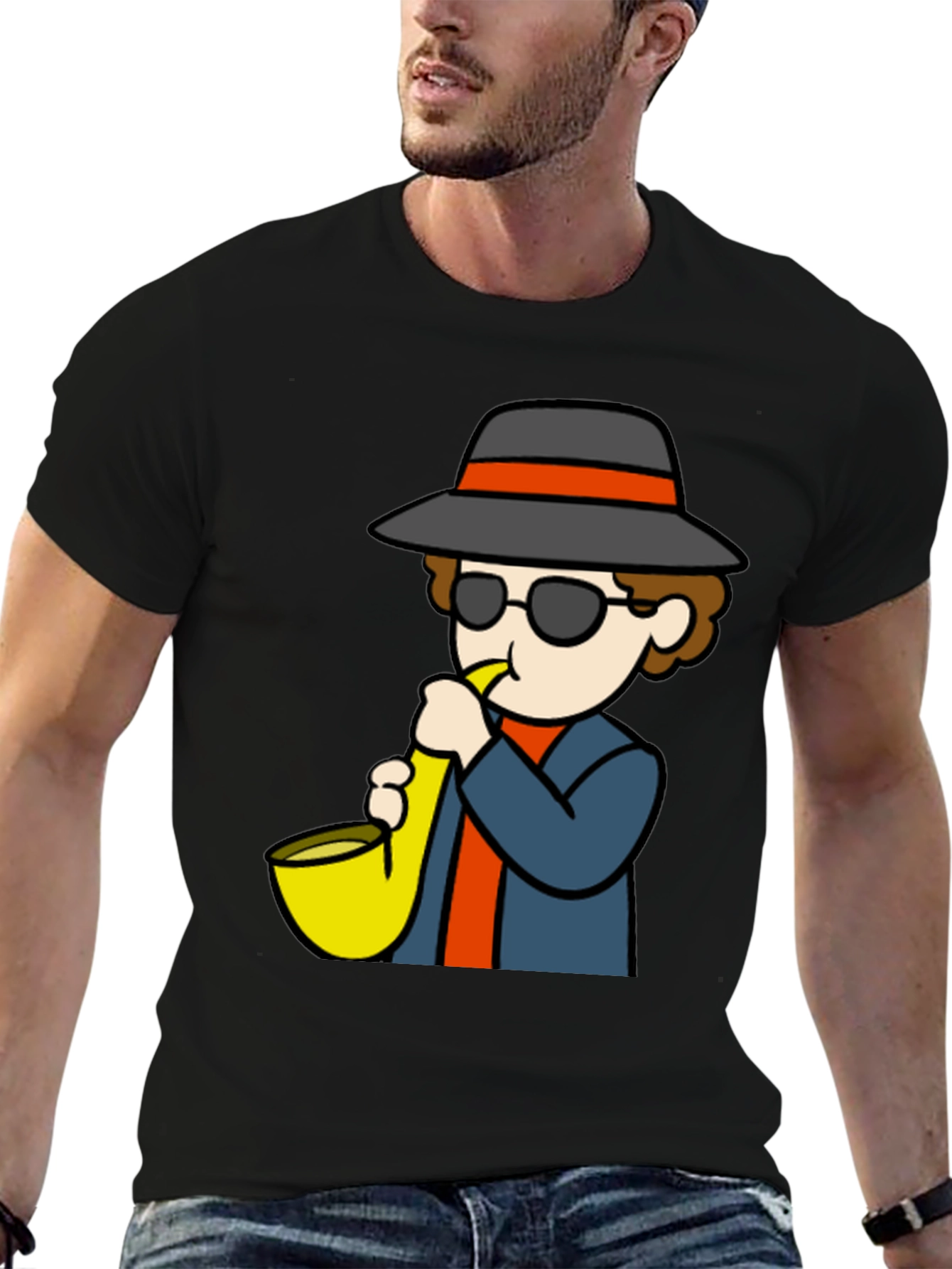 Saxophone Player Cartoon Black T-Shirt