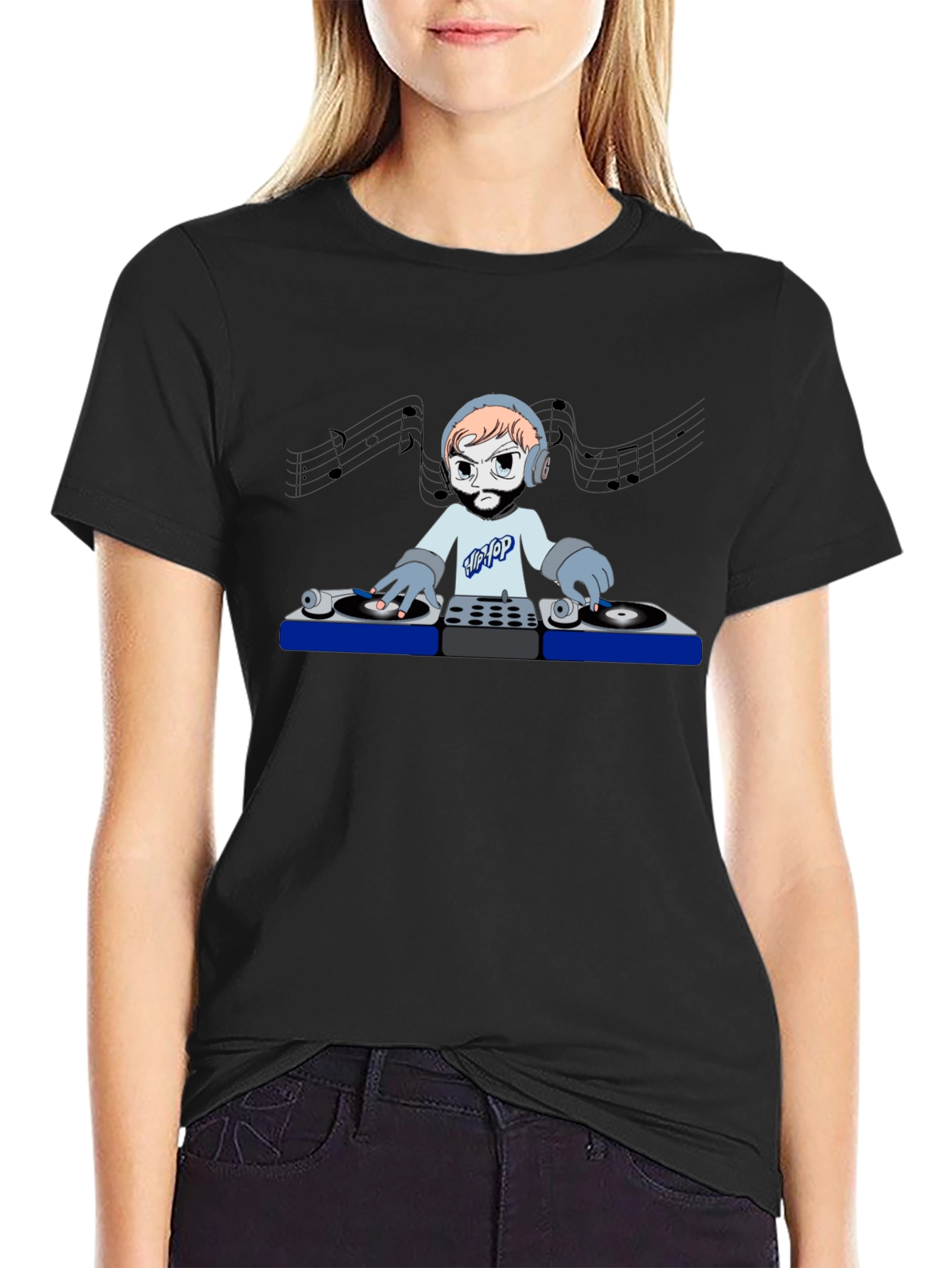 DJ Cartoon Graphic Tee - Black Crew Neck T-Shirt