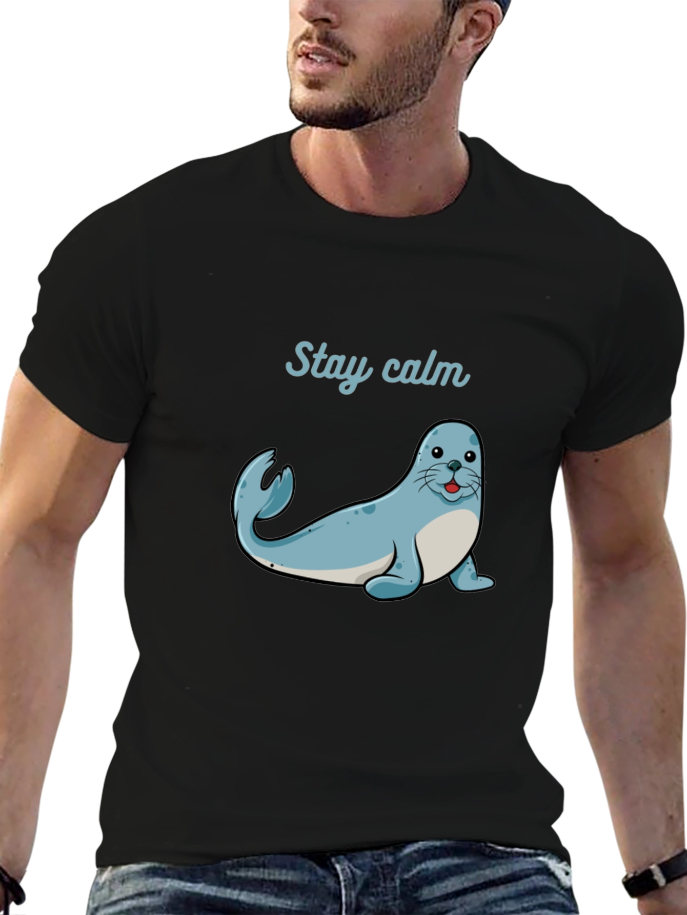 Stay Calm Seal Graphic Tee - Black Cotton T-Shirt