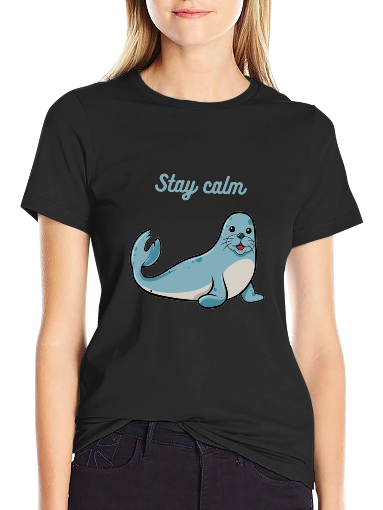 Stay Calm Seal Graphic Tee - Black Cotton T-Shirt