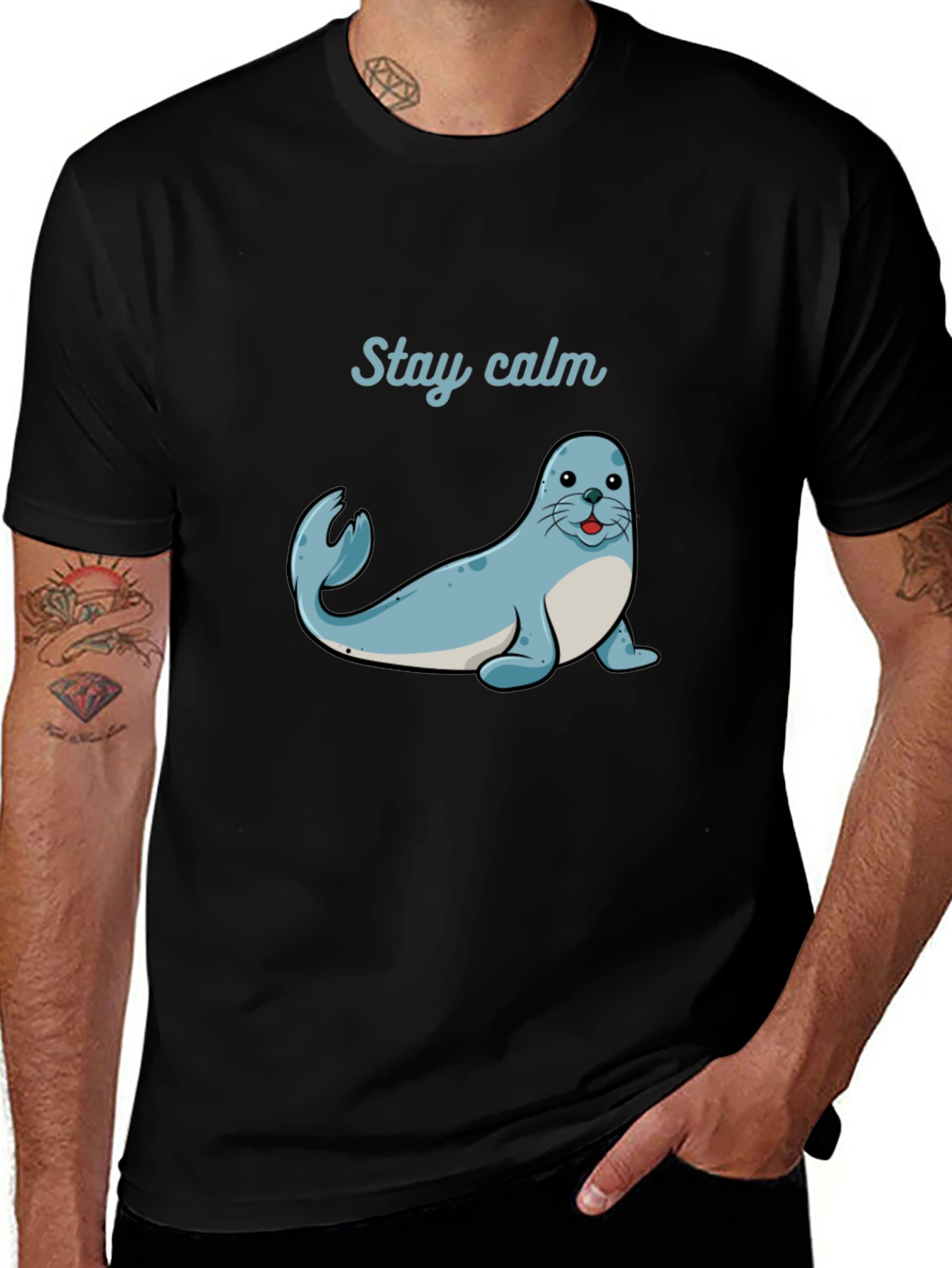 Stay Calm Seal Graphic Tee - Black Cotton T-Shirt