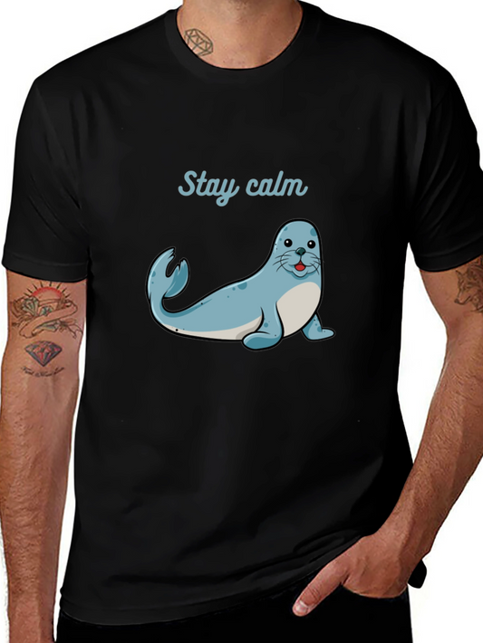 Stay Calm Seal Graphic Tee - Black Cotton T-Shirt
