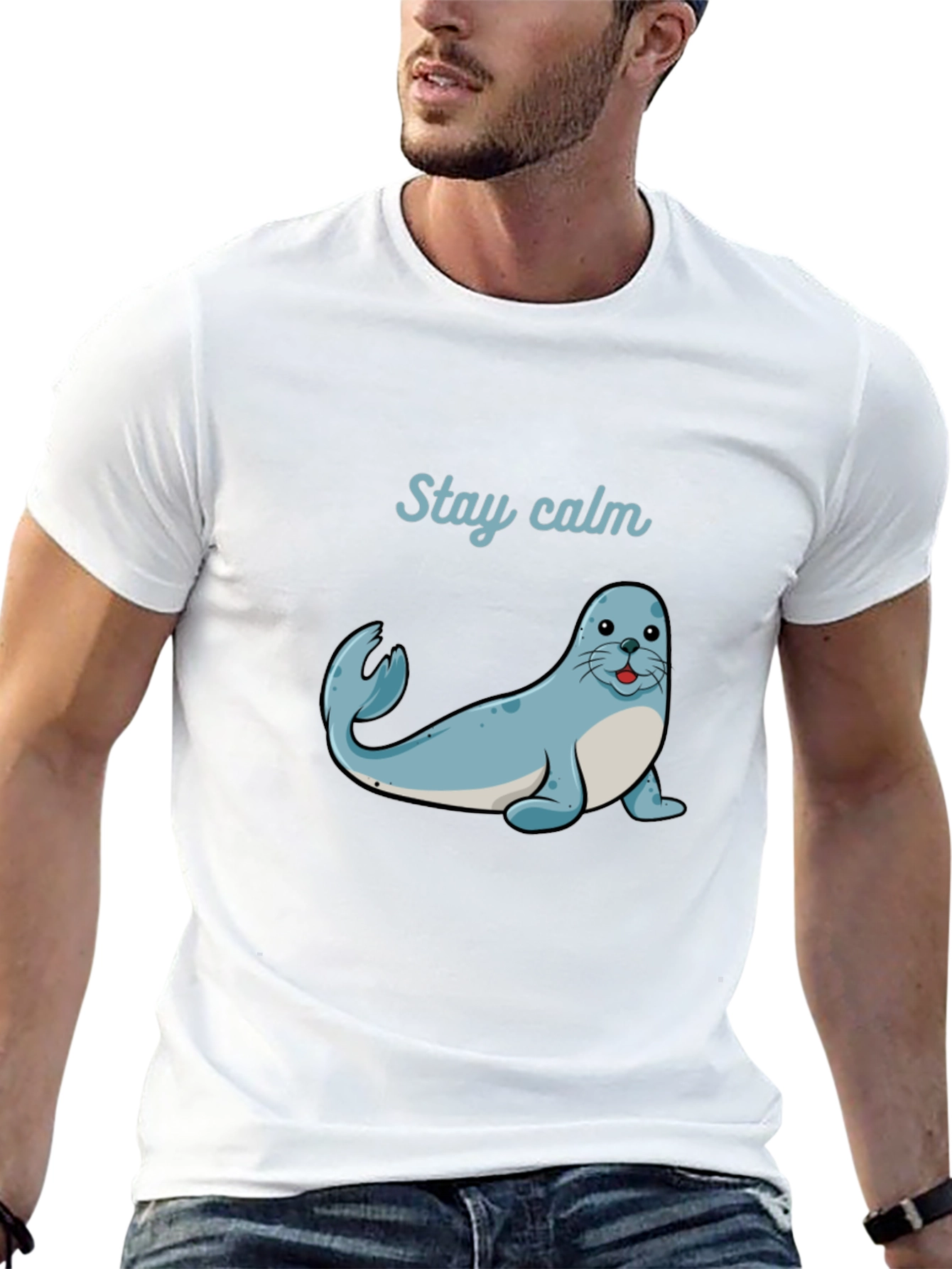 Stay Calm Seal Graphic Tee - Black Cotton T-Shirt