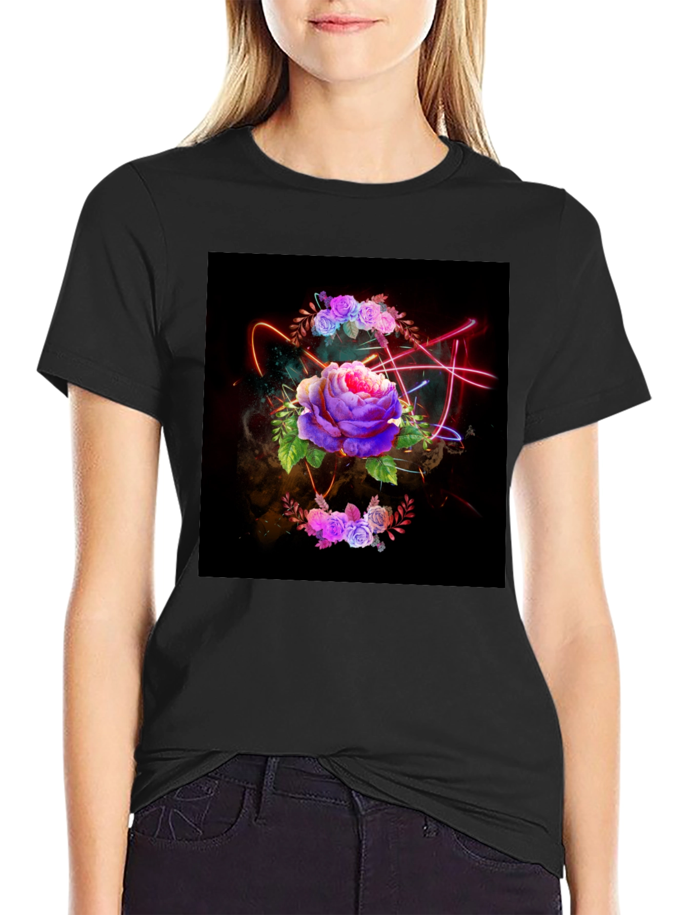 Floral Neon T-Shirt - Artistic Dark Design