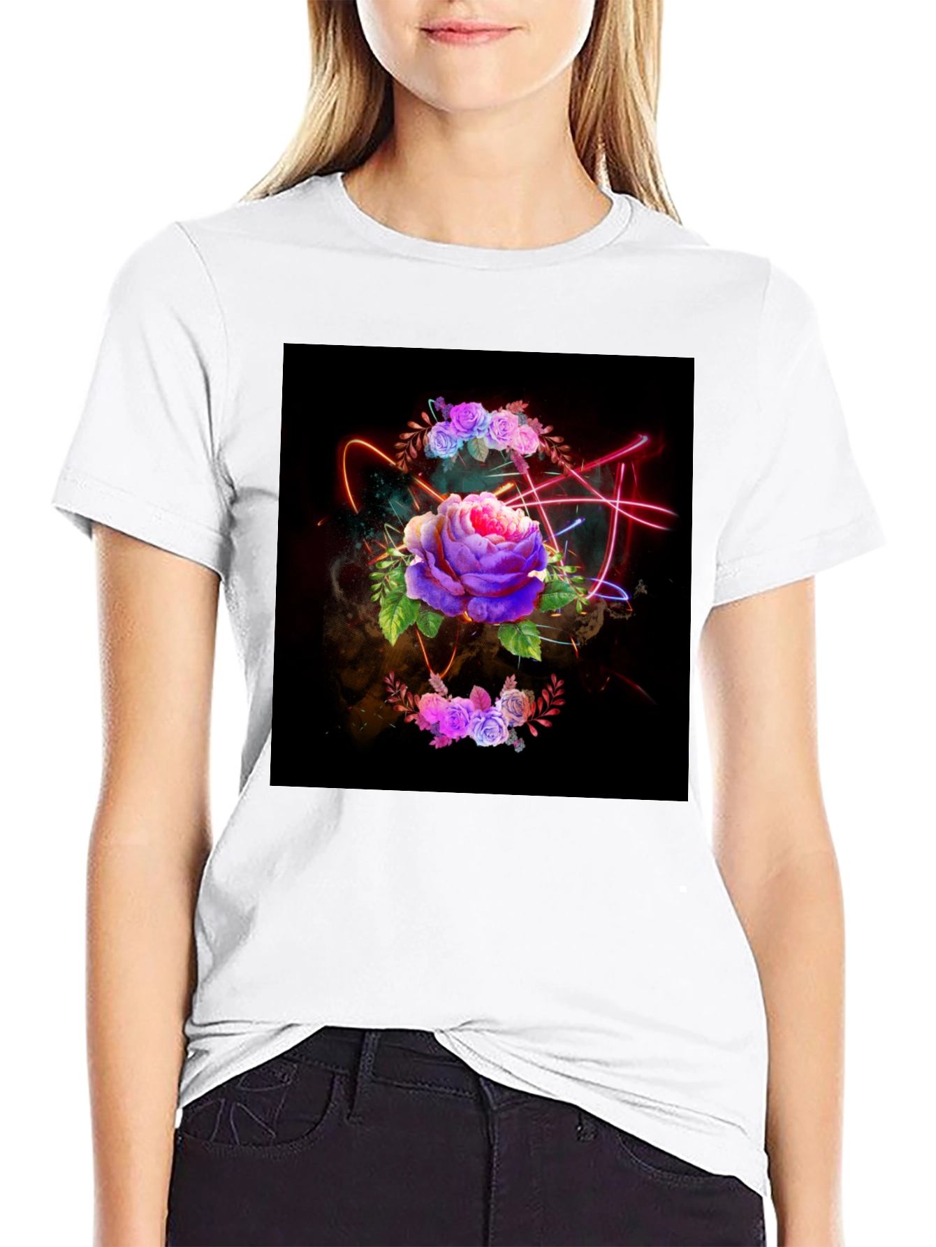 Floral Neon T-Shirt - Artistic Dark Design