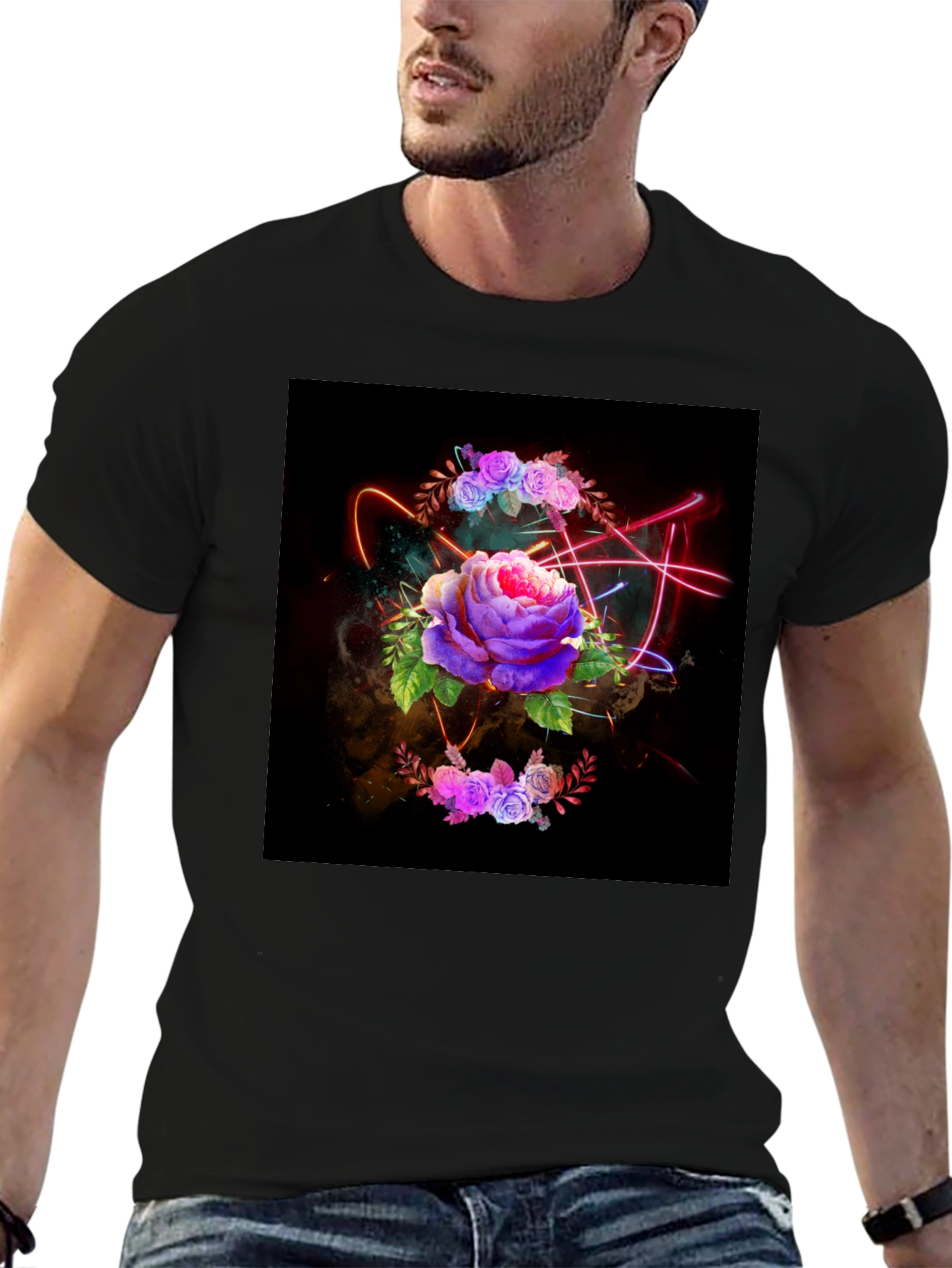 Floral Neon T-Shirt - Artistic Dark Design