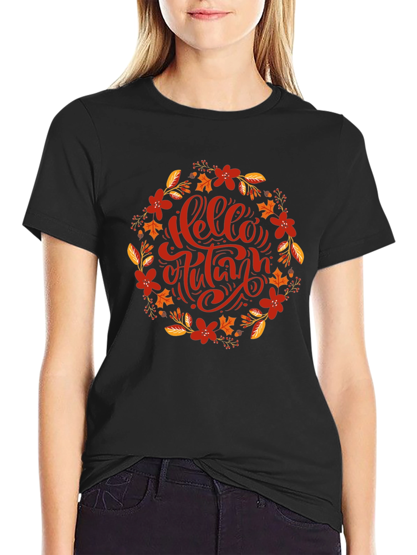 Hello Autumn Floral Wreath Graphic T-Shirt