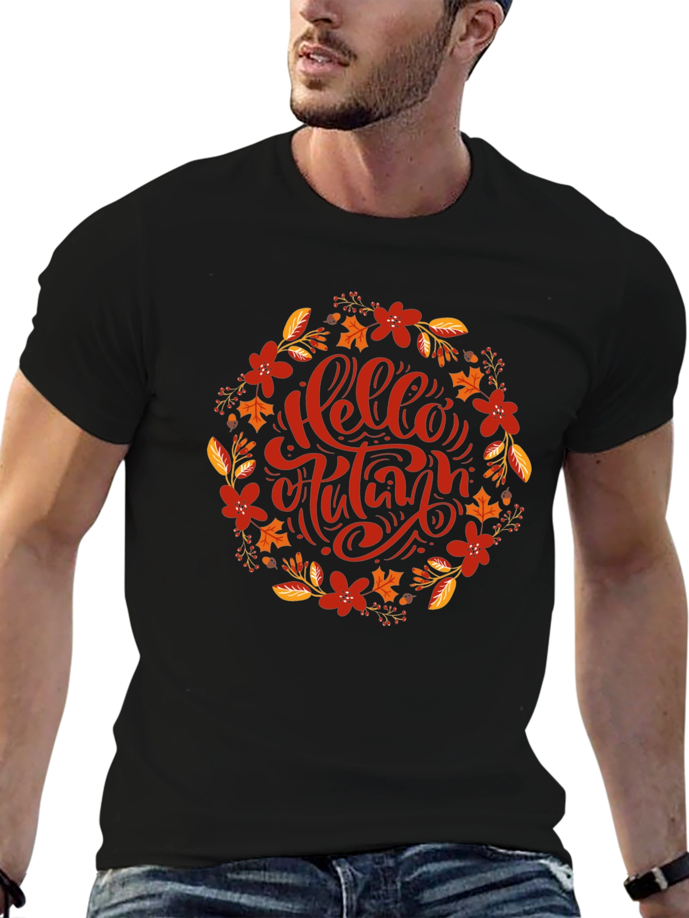 Hello Autumn Floral Wreath Graphic T-Shirt