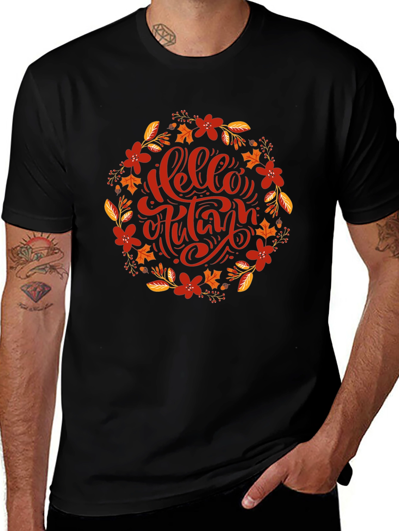 Hello Autumn Floral Wreath Graphic T-Shirt