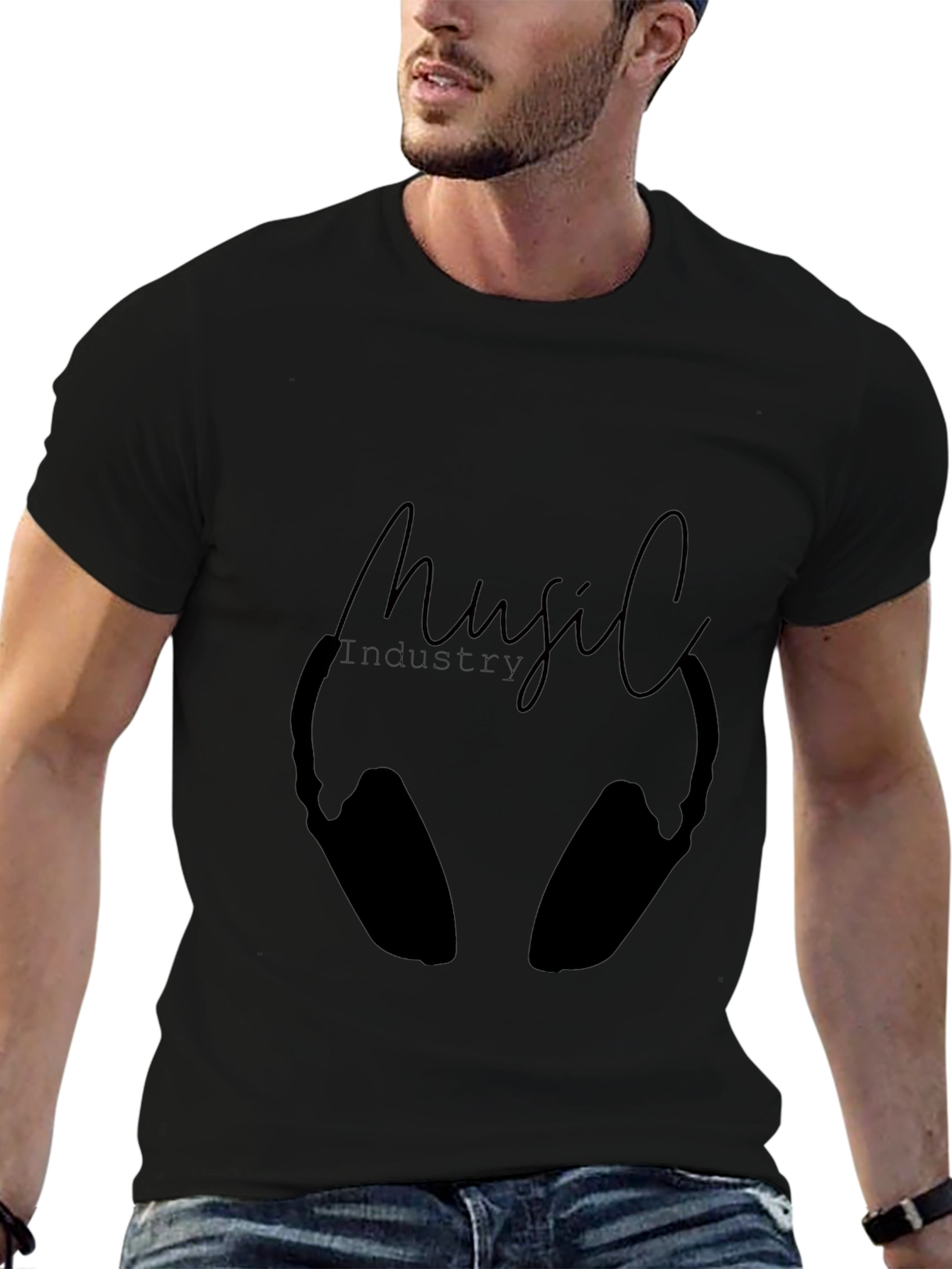 Music Industry Black T-Shirt with Headphone Graphic
