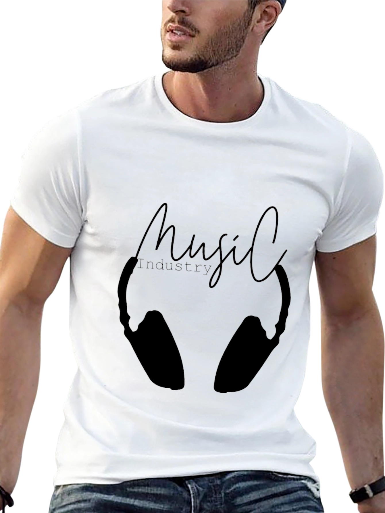 Music Industry Black T-Shirt with Headphone Graphic