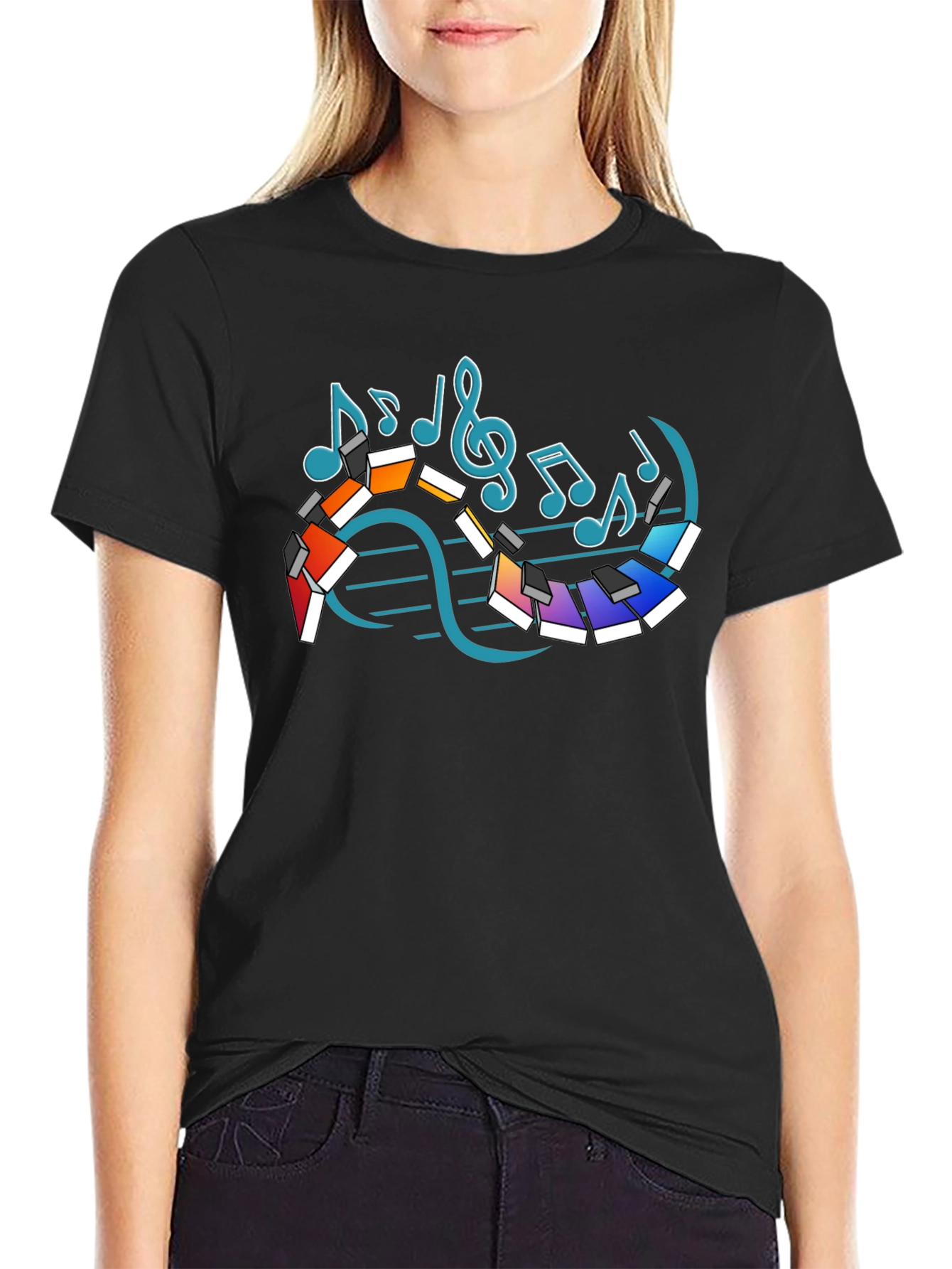 Musical Notes Piano Graphic Print Black T-Shirt
