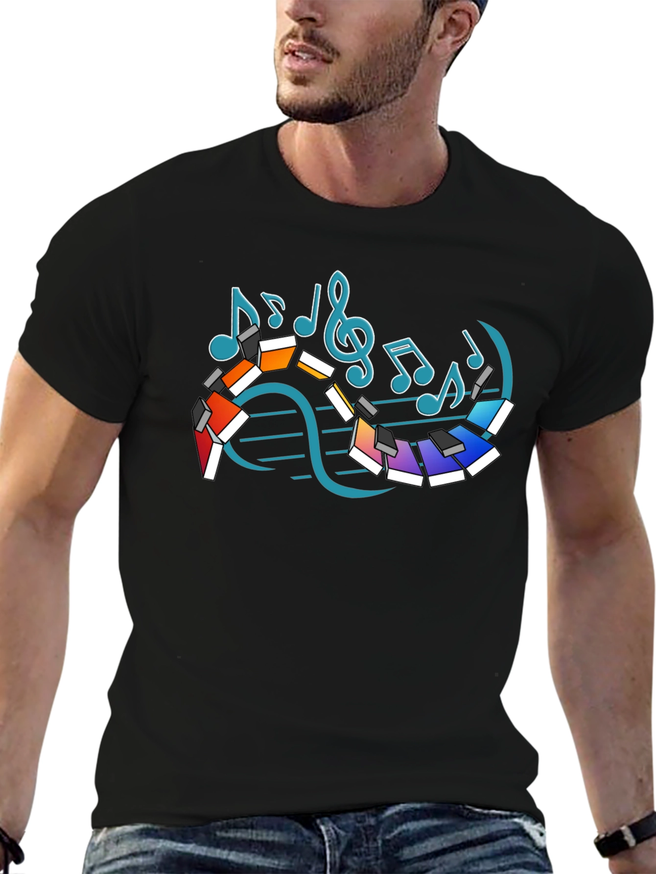 Musical Notes Piano Graphic Print Black T-Shirt