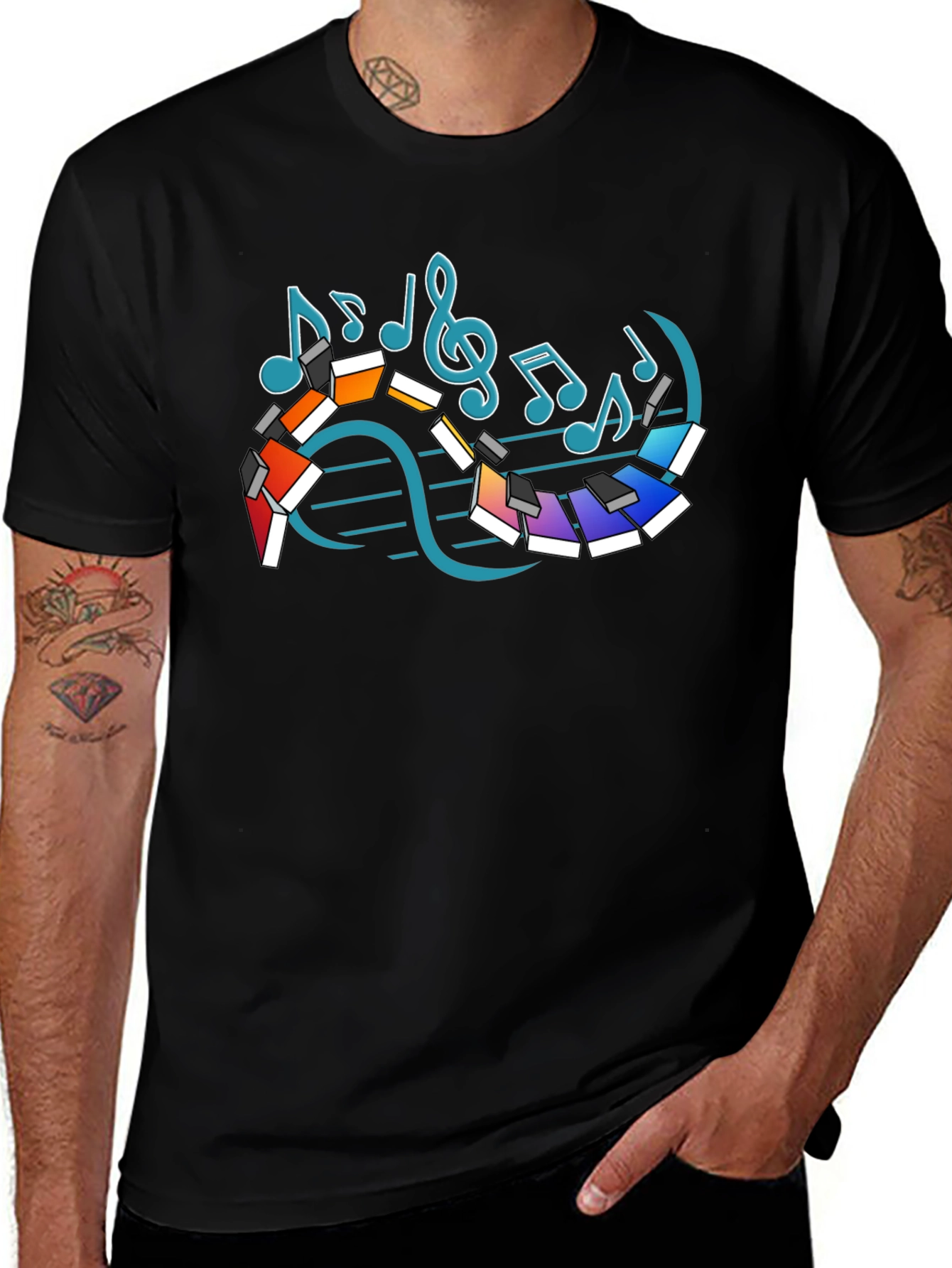 Musical Notes Piano Graphic Print Black T-Shirt