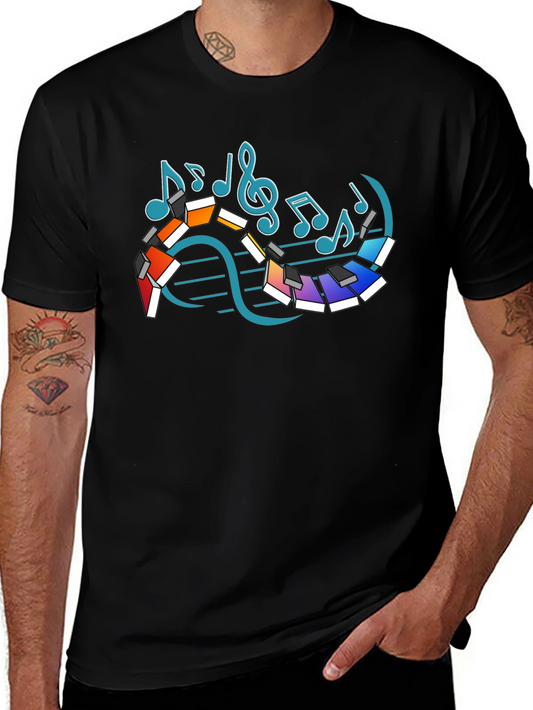 Musical Notes Piano Graphic Print Black T-Shirt