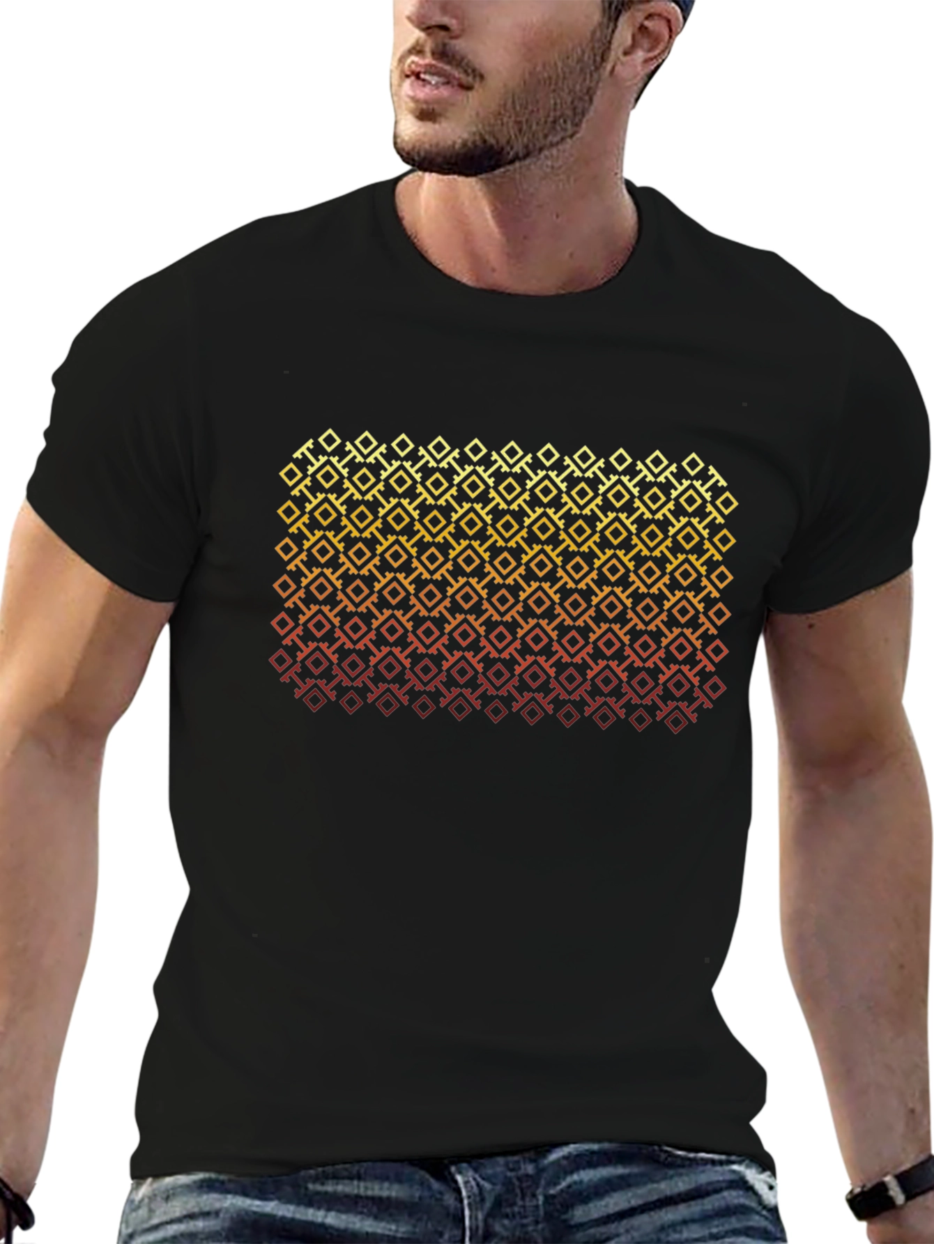 Retro Geometric Patterned Black T-Shirt