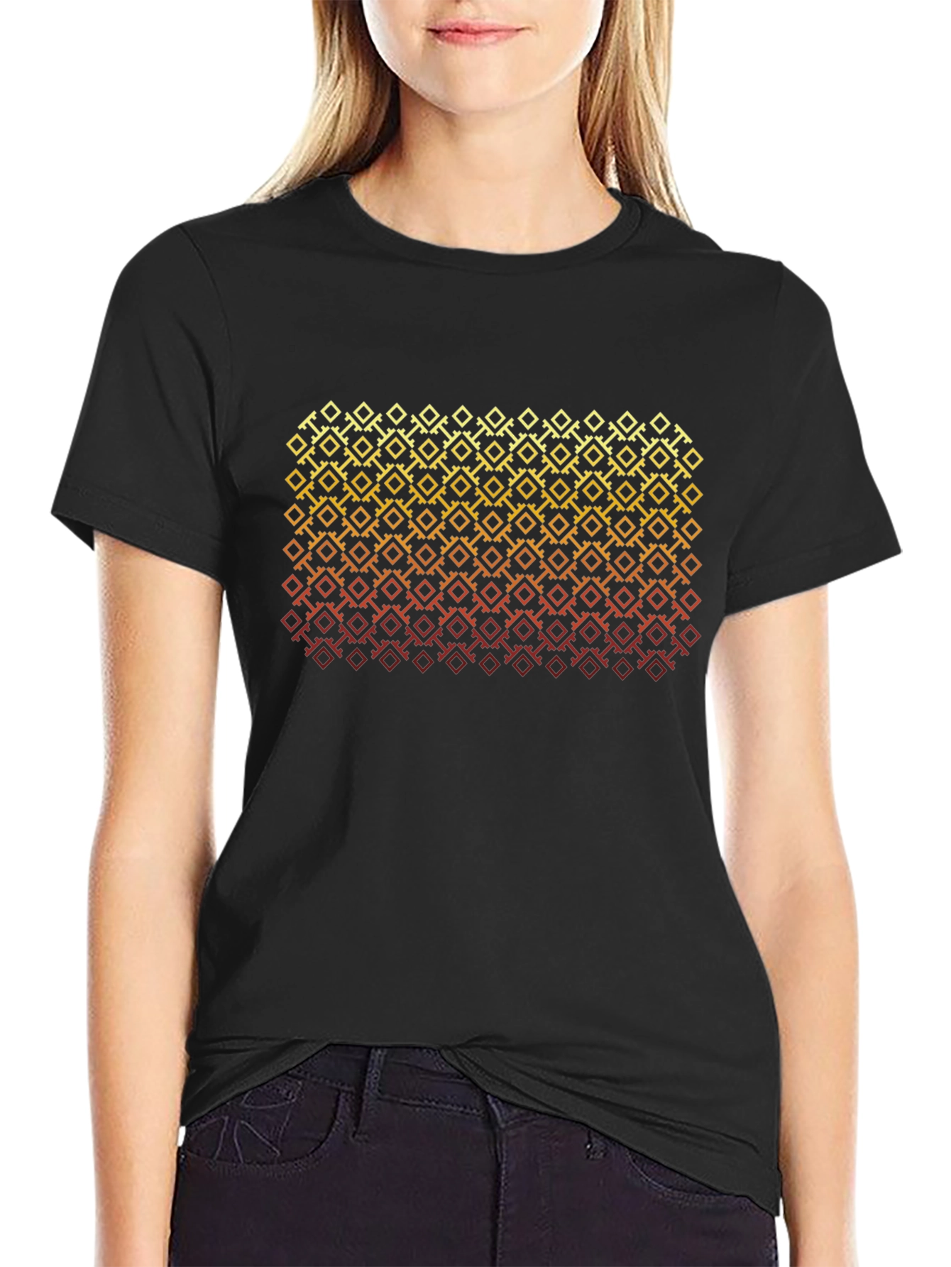 Retro Geometric Patterned Black T-Shirt
