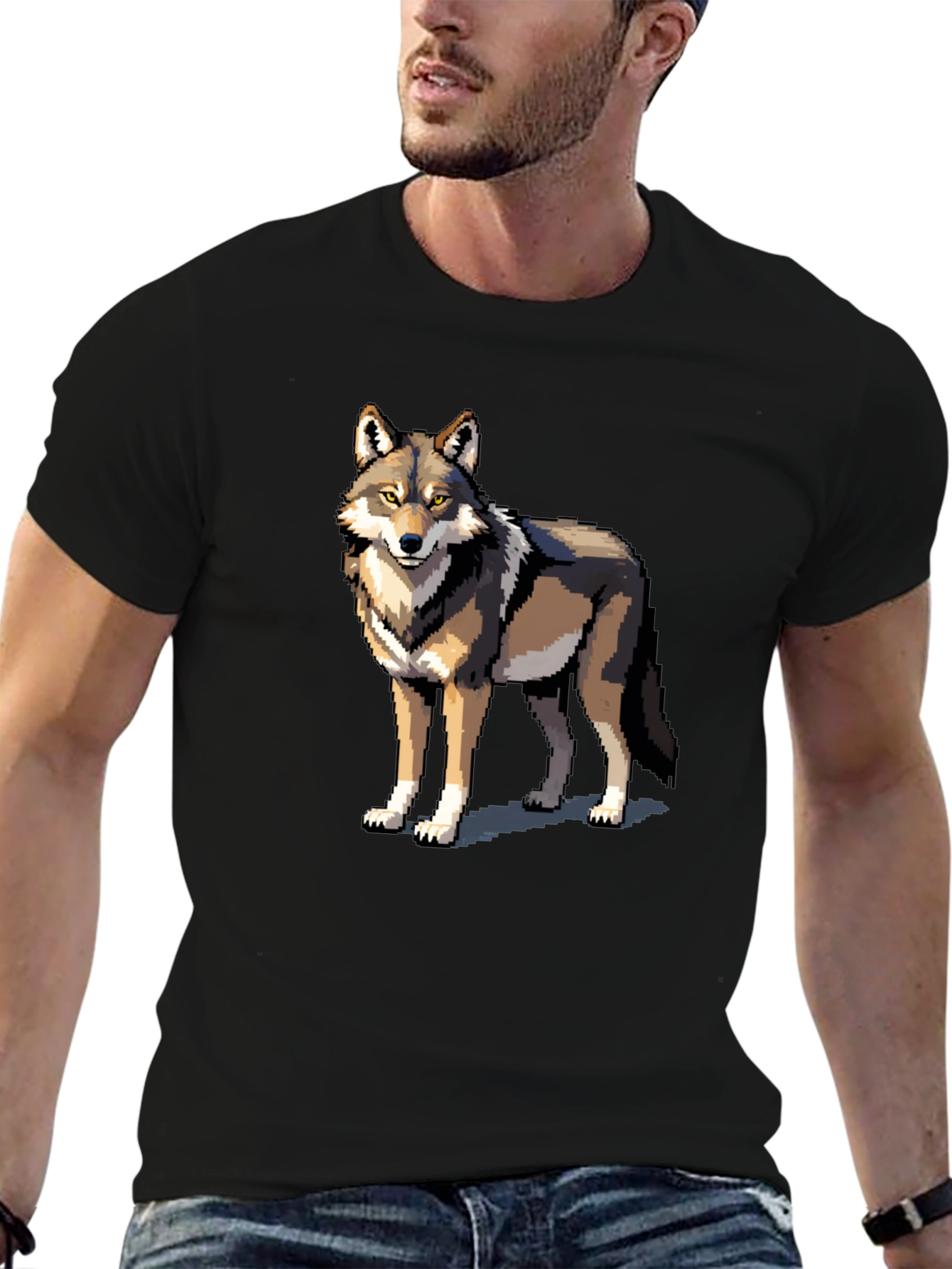 Pixel Wolf Graphic Tee - Black Cotton T-Shirt