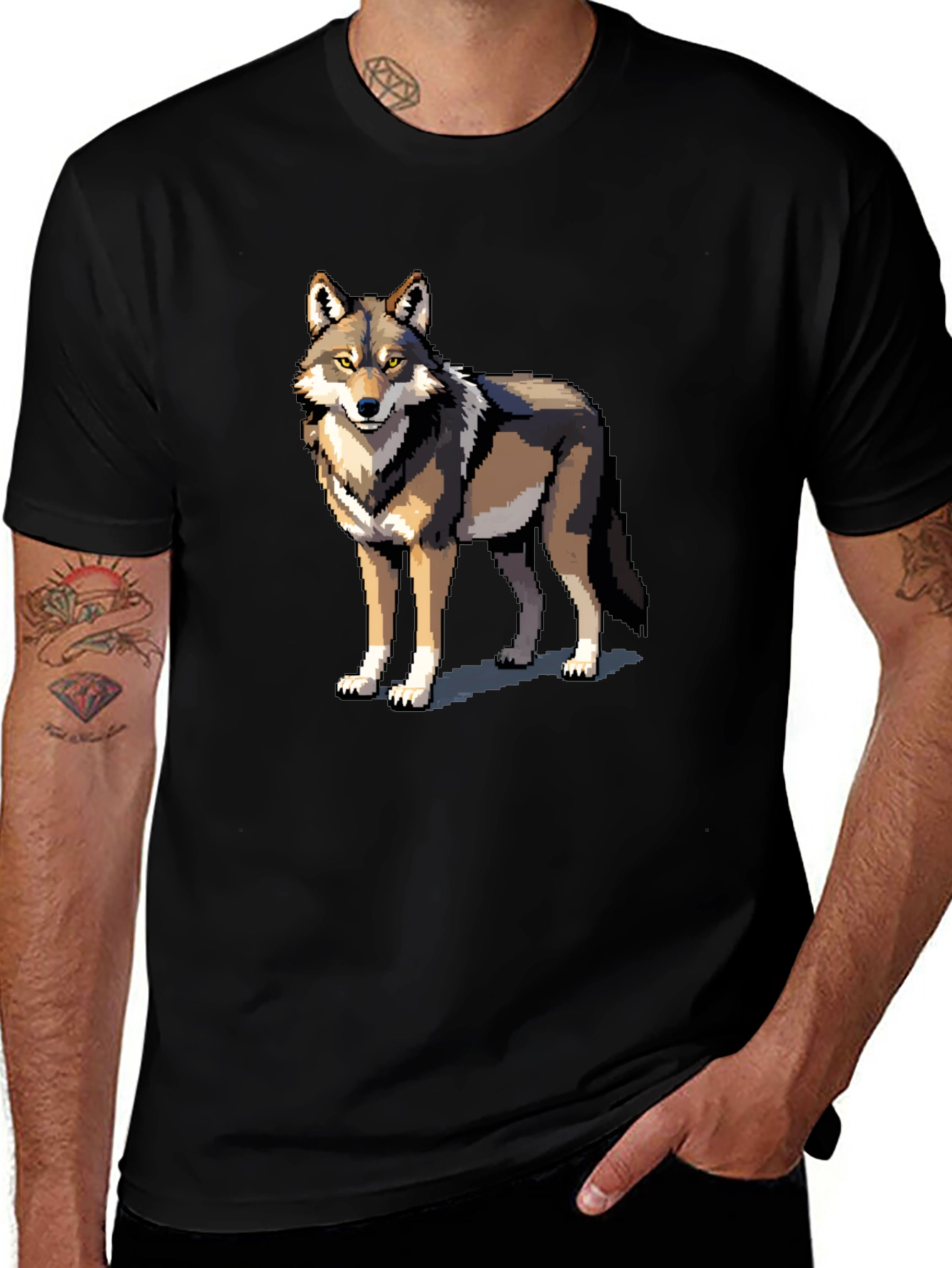 Pixel Wolf Graphic Tee - Black Cotton T-Shirt