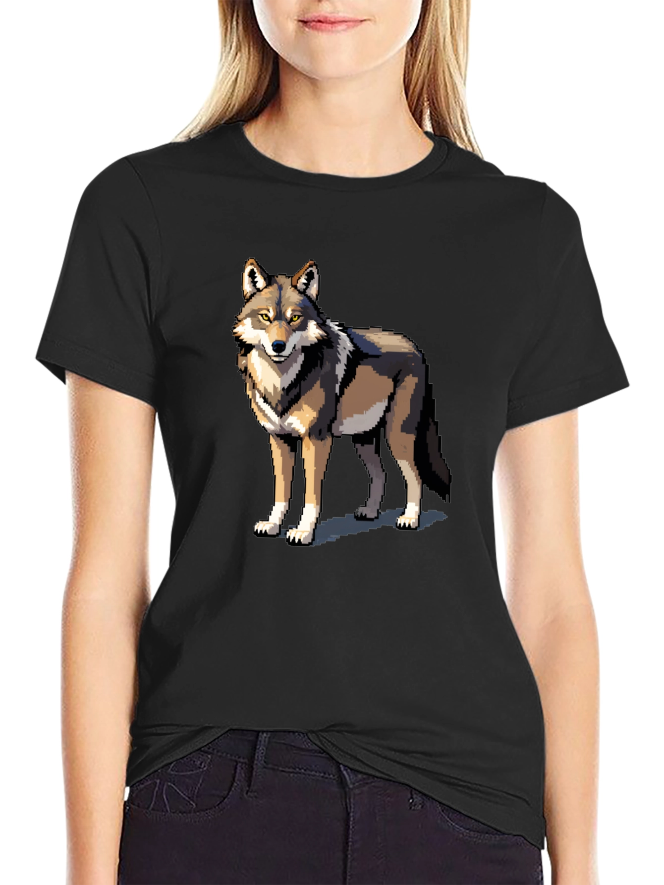 Pixel Wolf Graphic Tee - Black Cotton T-Shirt
