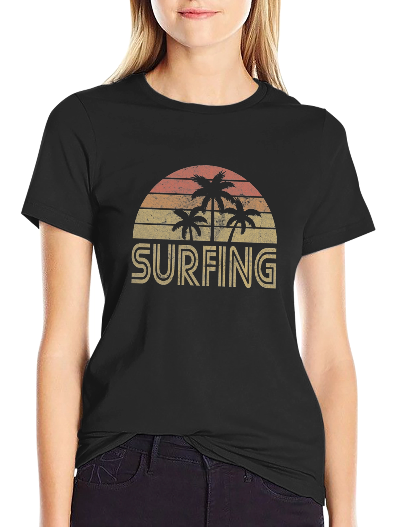 Retro Surfing Palm Tree Graphic T-Shirt