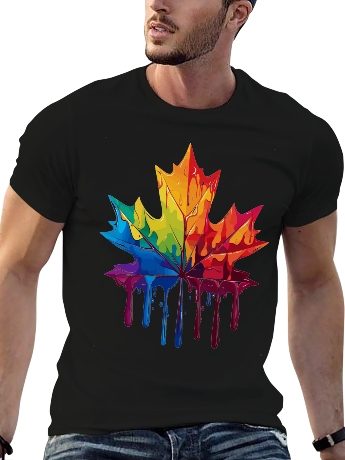 Rainbow Maple Leaf Drip Graphic Tee - Unique Design