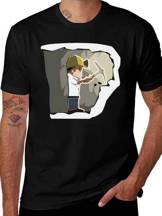 Miner Cartoon Graphic Print Black T-Shirt