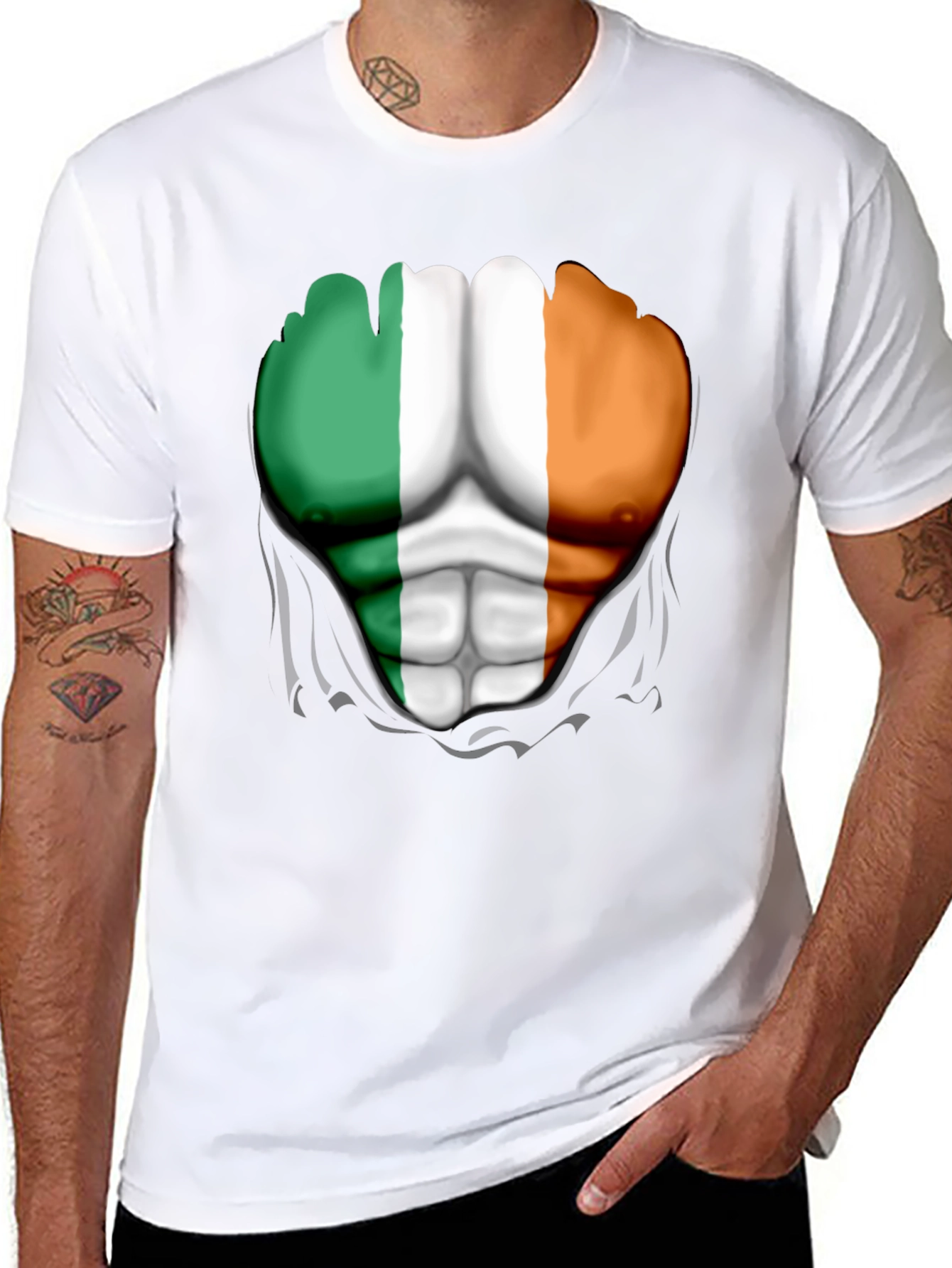 Ireland Flag Ripped Abs Mens T-Shirt
