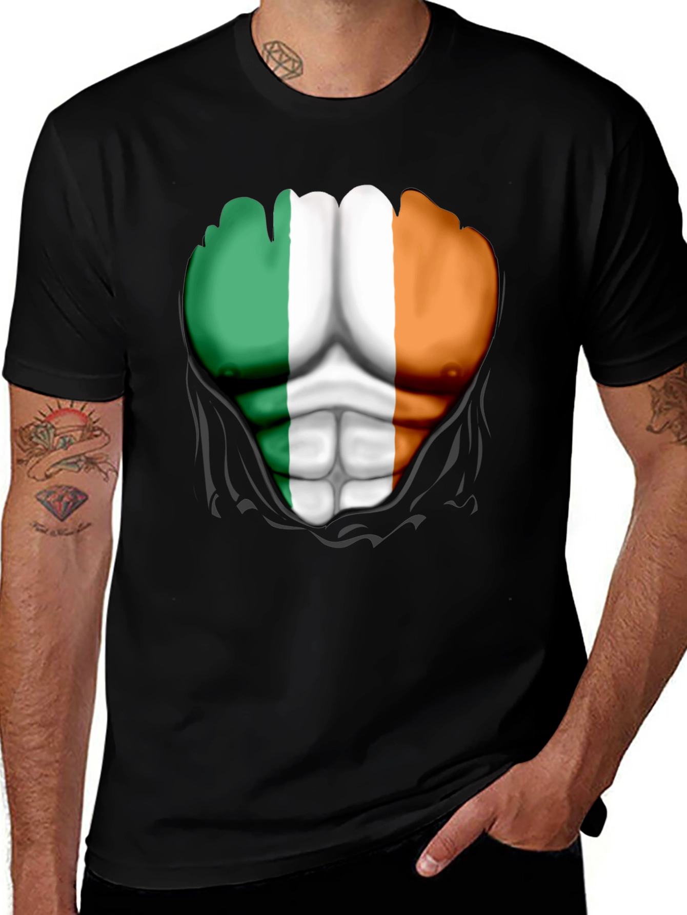 Ireland Flag Ripped Abs Mens T-Shirt